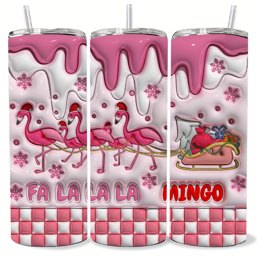 

20oz Stainless Steel Tumbler With Straw And Lid, Insulated Coffee Travel Mug, Flamingo And Christmas Theme, Festive Holiday Drinkware For Cold And Hot Beverages, Durable Cup For Outdoor Use