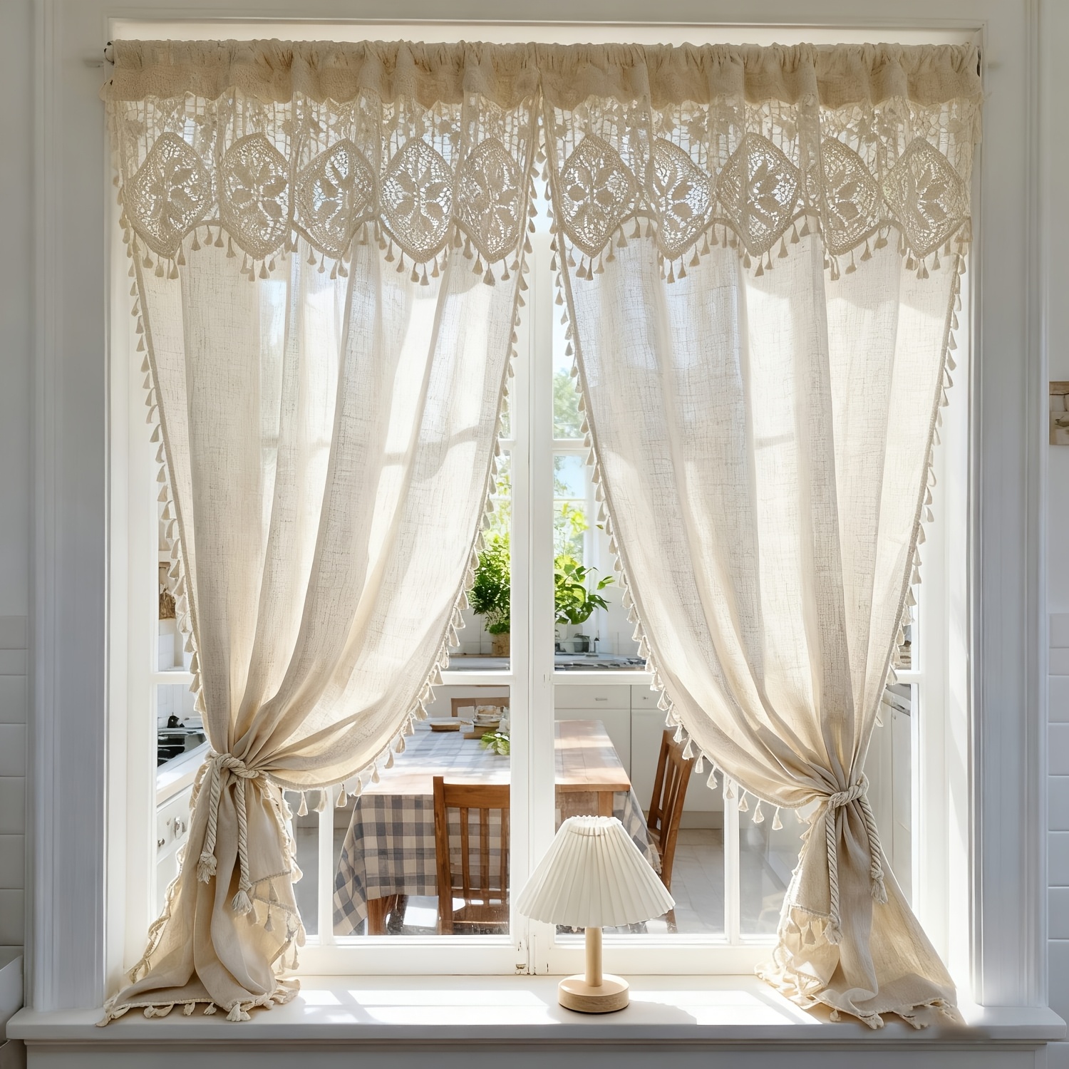 Artikelbild 2er-set doppellagige häkelspitzen-vorhänge mit fransen, spitzenbesatz fenstervorhänge, imitat-hanfstoff, stangenaufhängung, für küche, schlafzimmer, tür, vintage boho wohnkultur
