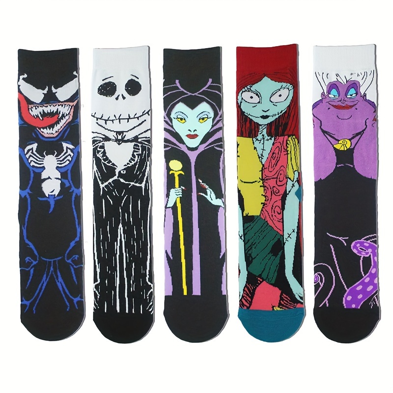 

Disney Licensed 5 Pairs Of Men's Cotton Blend Warm Round Neck Socks, Novelty Cartoon Halloween Pattern, Casual Street Style Unisex Socks