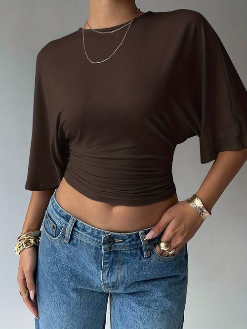elegant solid color flared short sleeve womens top