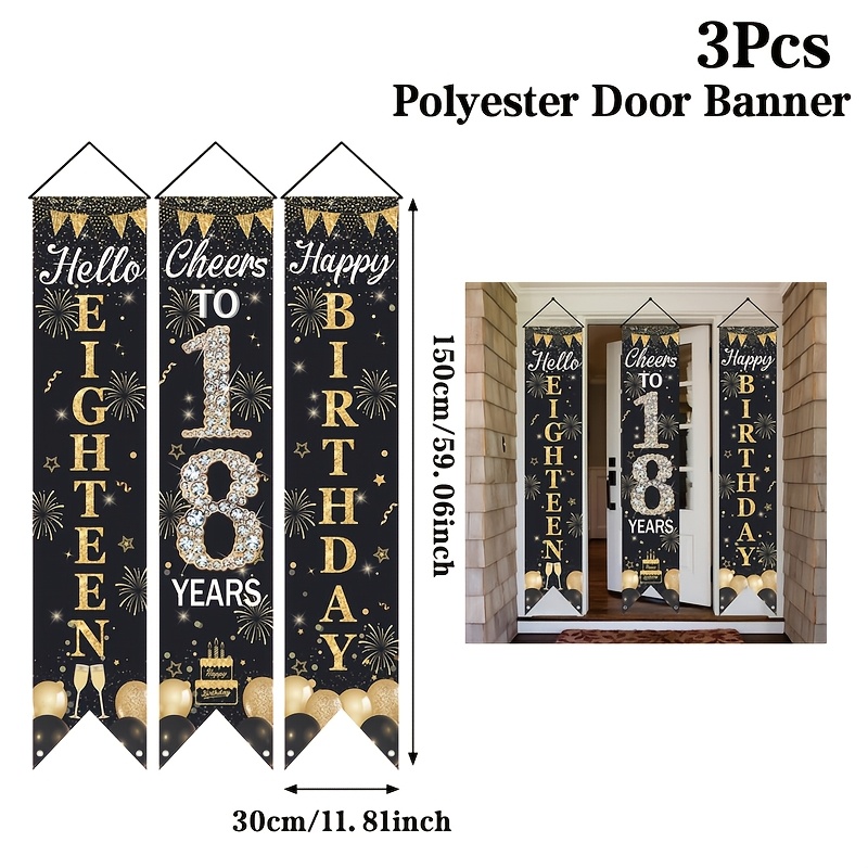 TEMU 2d Door Banner, 3pcs, 18th Black & Golden Happy Birthday Door Banner, Fireworks Stars Door Couplet, Birthday Party Hanging Porch Sign, Photo