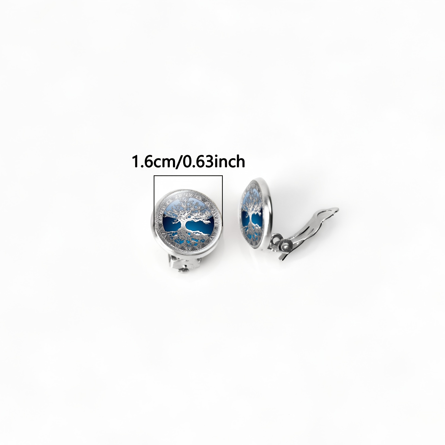 2pcs No-Pierced Ear Clip Round Glass Face Earrings, Silvery Tree Design