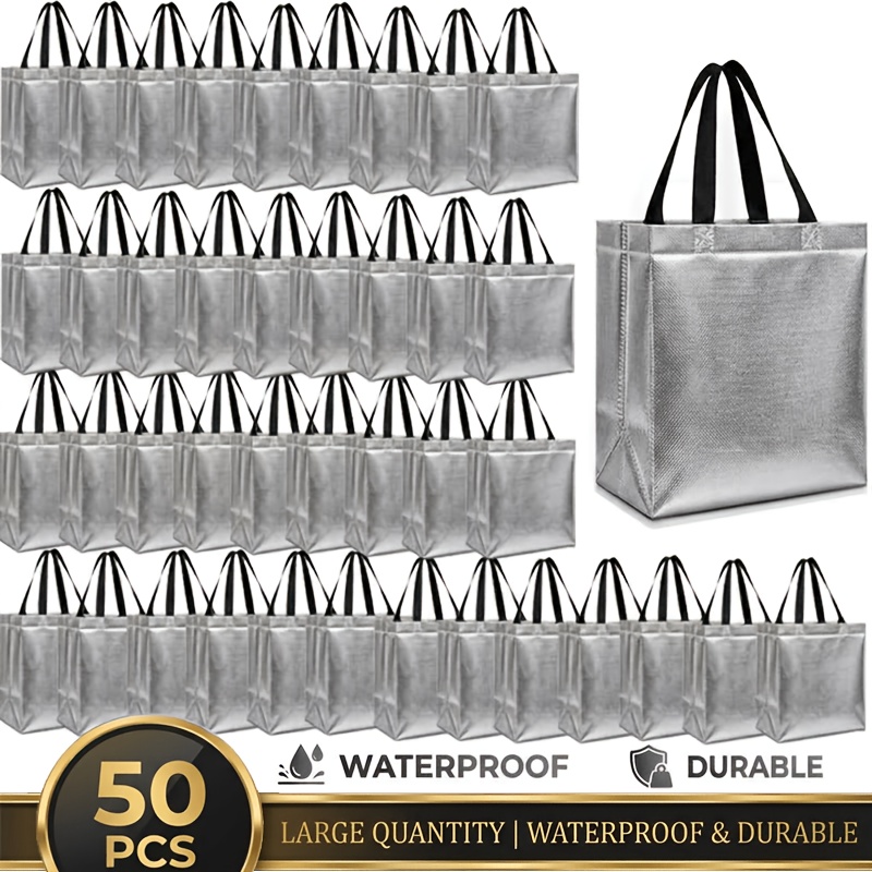 TEMU 50pcs Reusable Gift Bag, Shiny Metallic Handled Tote Bags - Waterproof, Stain-resistant, And Durable For Holiday Gift Bags, Christmas Shopping,
