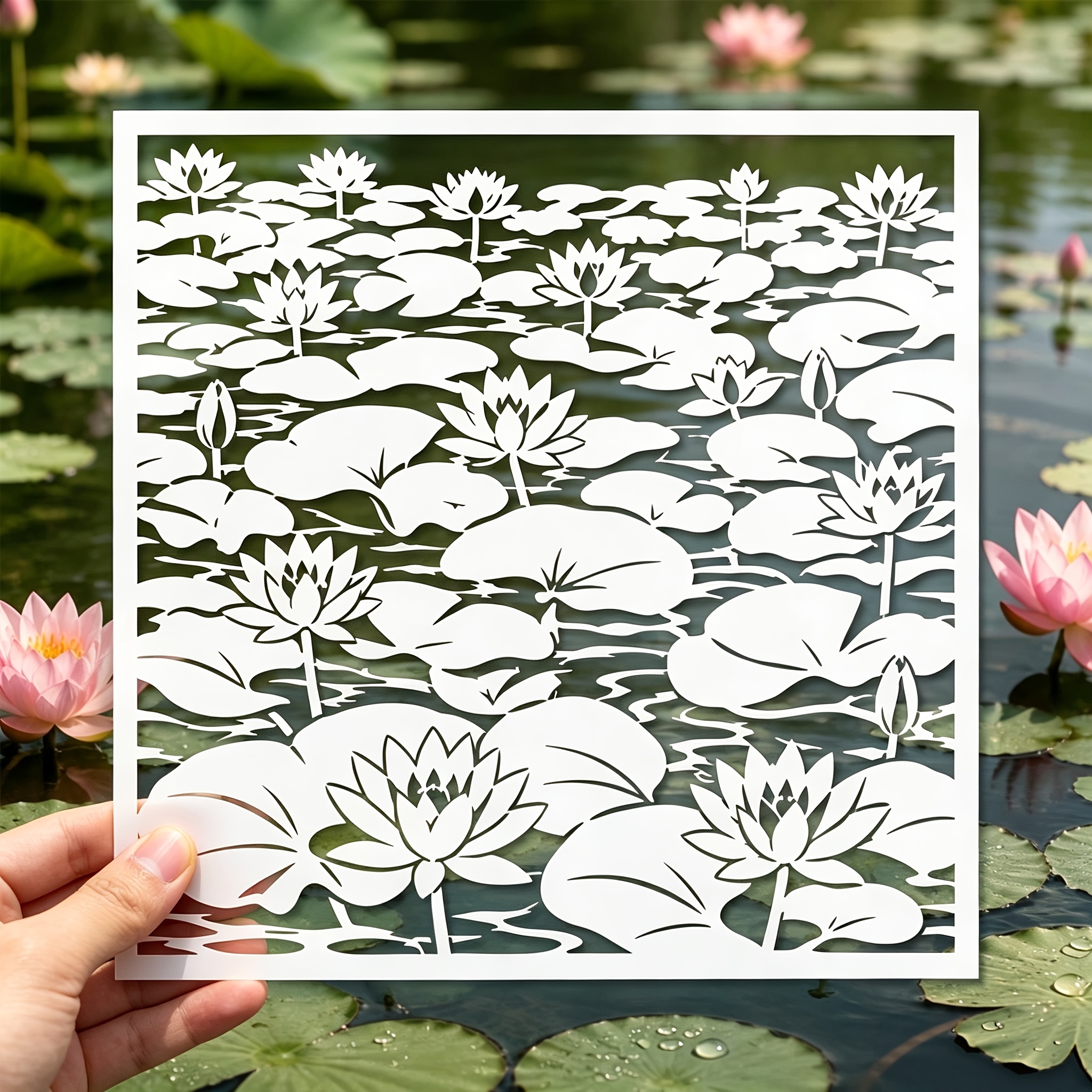 TEMU 1pc Reusable Full For Lotus Pond Stencil - Oriental Water Lily Template With Dense , Large Veined Leaves & Suitable For Wood Signs, Diy Crafts,
