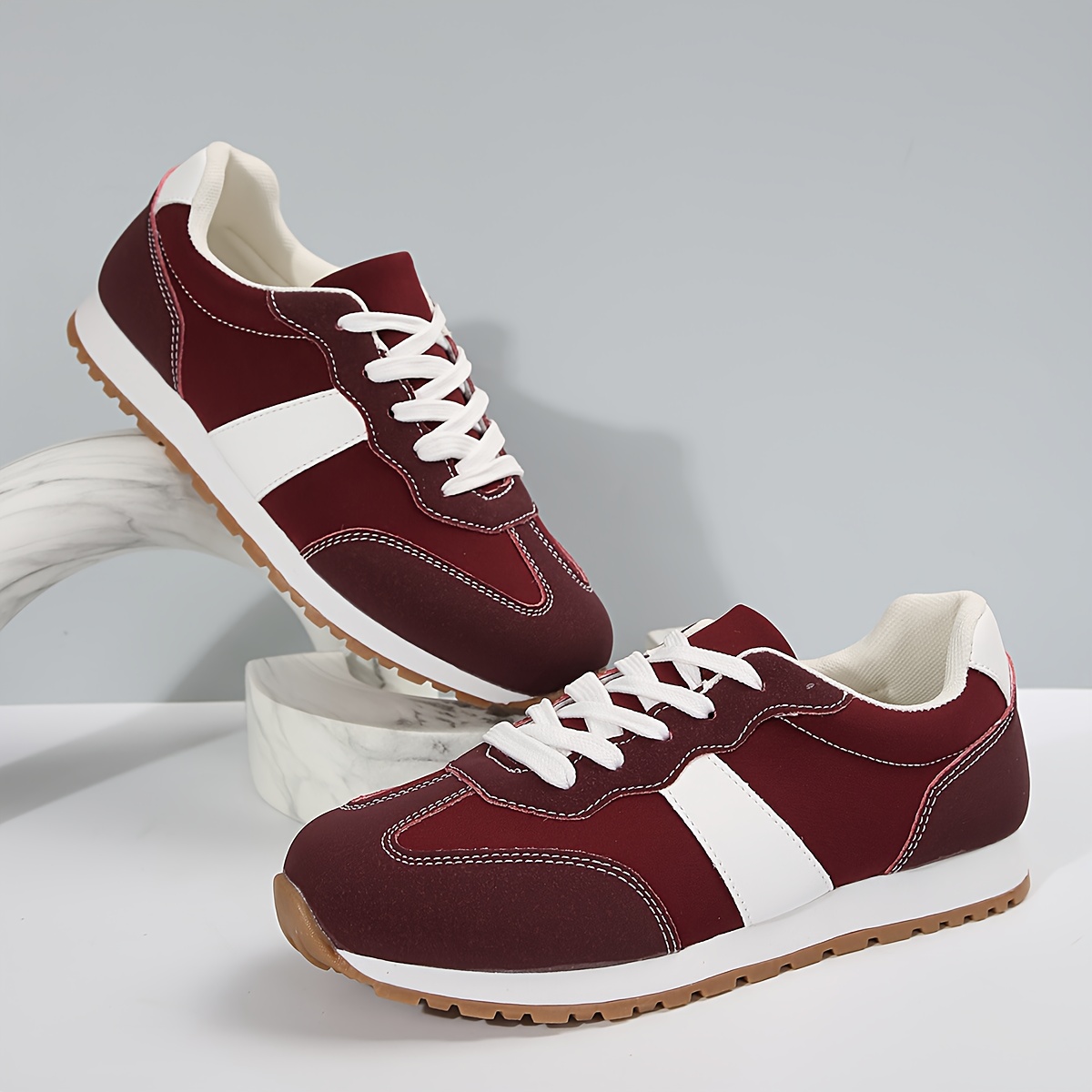 womens low top sneakers   round toe sneakers with arch support cushioned tpr sole synthetic cover upper burgundy white   white laces casual gym casual attire comfortable versatile all purpose shoes 2025 spring autumn   lace up closure breathable fabric lining insole durable tpr sole hand   clean   in burgundy white gym footwear sporty design lightweight construction supportive footwear women Product details 0