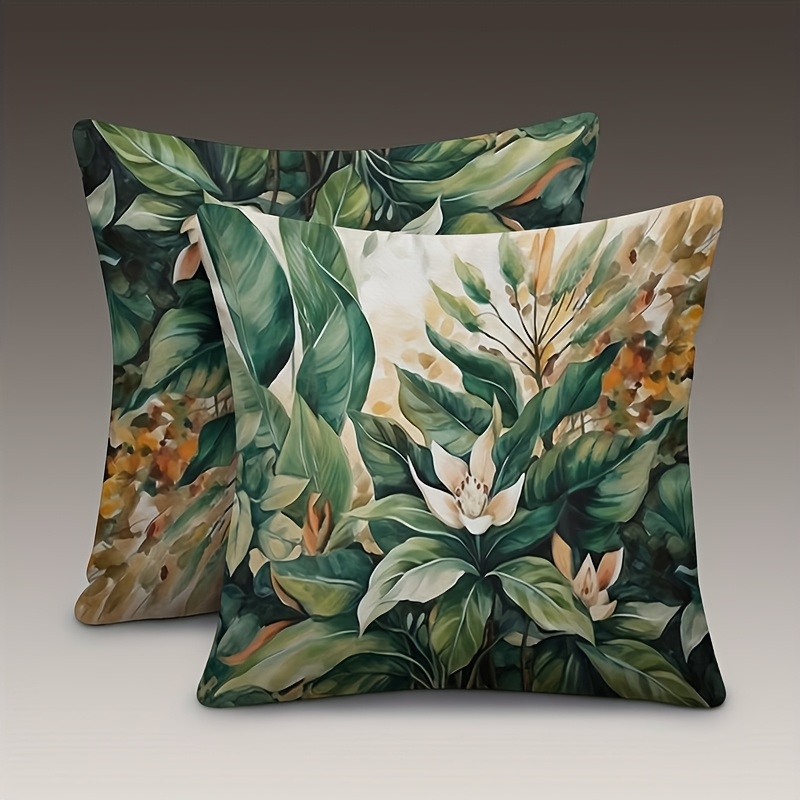 TEMU Set Of 2 Tropical Leaf And Floral Print Short Plush Pillow Covers - In Sizes 16x16, 18x18, And 20x20 - Featuring A Zipper In A Vibrant Summer
