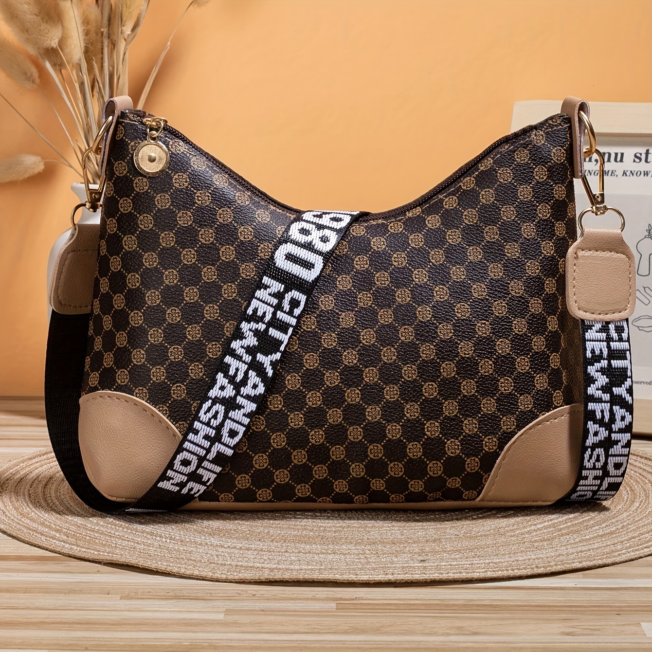 TEMU Vintage Printed Large Capacity Bucket Bag With Wide Shoulder Strap And Single Shoulder Crossbody Bag
