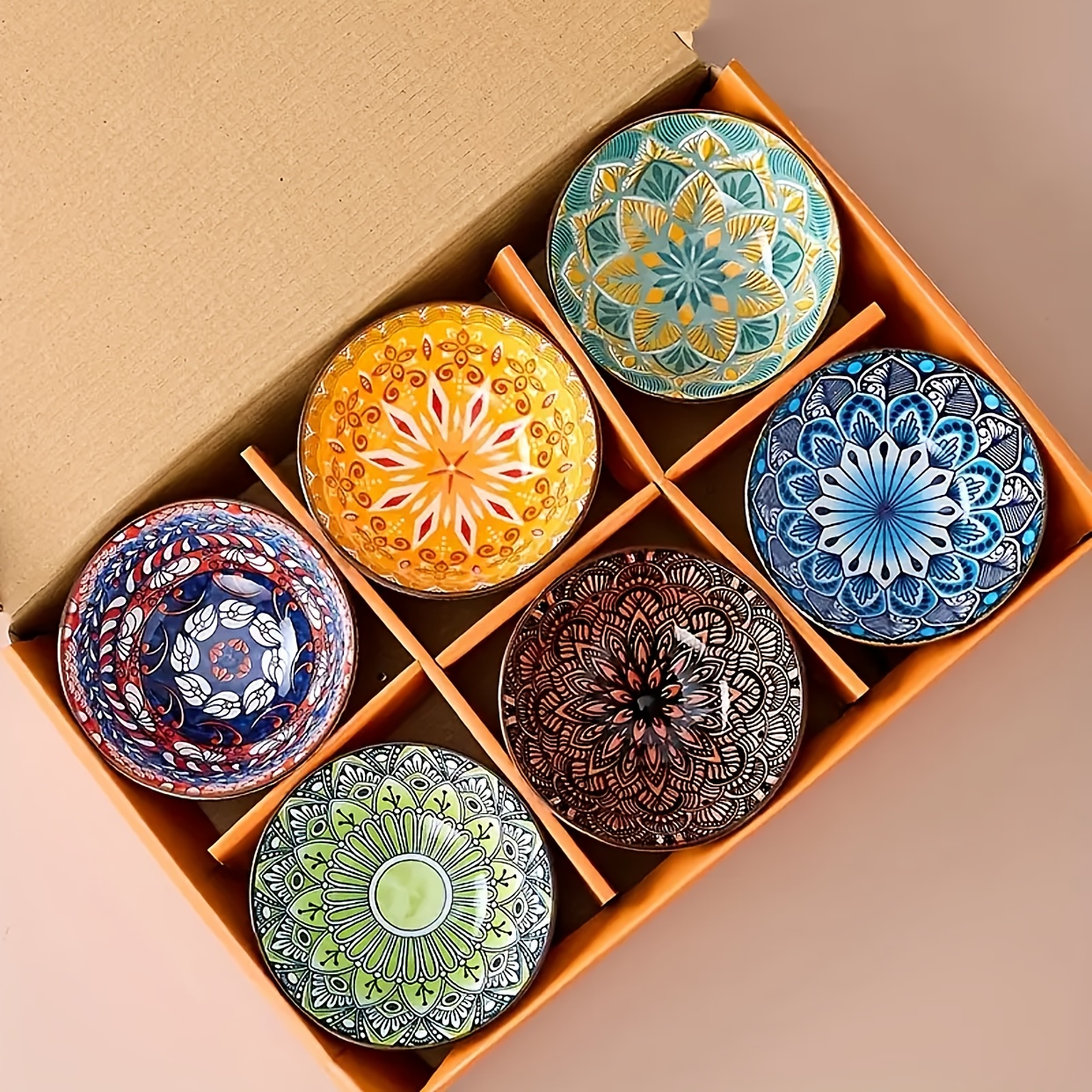 TEMU Of 6 Ceramic Bowls In A Featuring Colorful Mandala Patterns, Safe For Dishwasher And Microwave, Ideal For Serving , Soups, And Salads