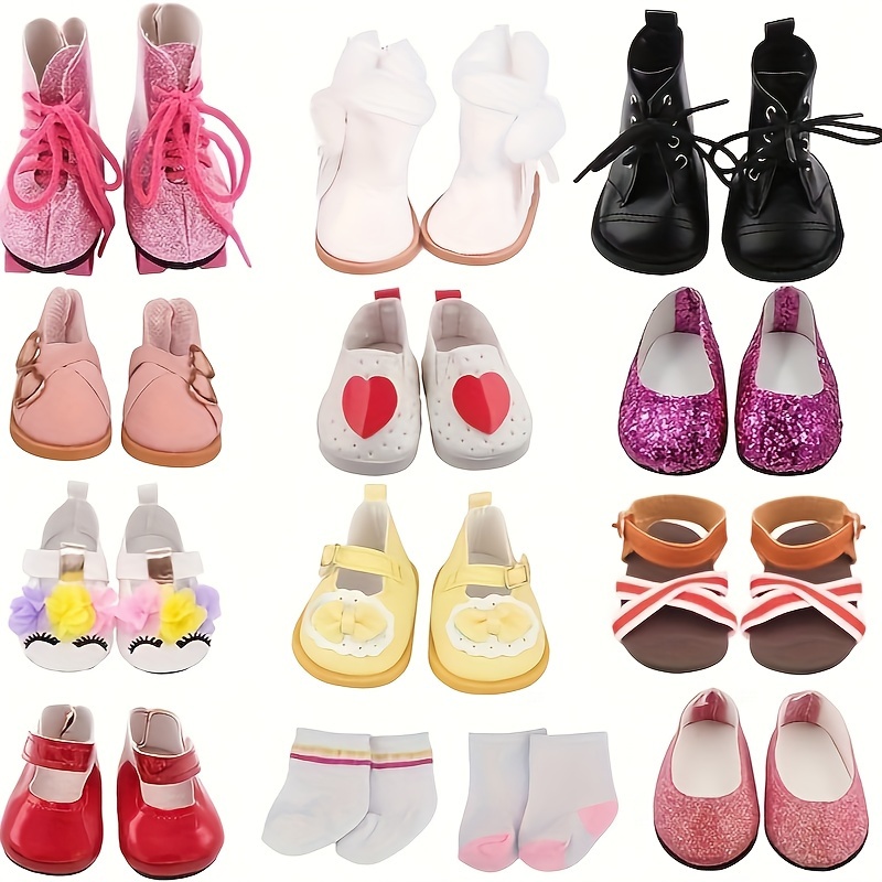 

7 Pairs Of 18 Inch Doll Shoes ( Random From 20) And Of Doll Socks, Fashion Princess Shoes Doll Boots Leather Shoes Canvas Sneaker Fit American Doll Accessories