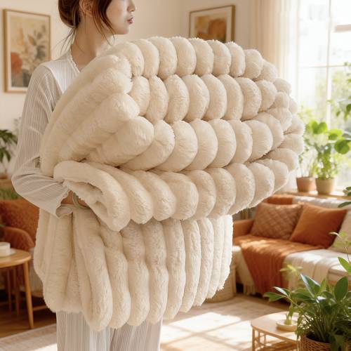 ultra soft 3 d ribbed flannel double sided plush faux rabbit fur on warm and fluffy perfect as a nap or air conditioning blanket ideal for office and camping use a versatile gift for cozy plush texture