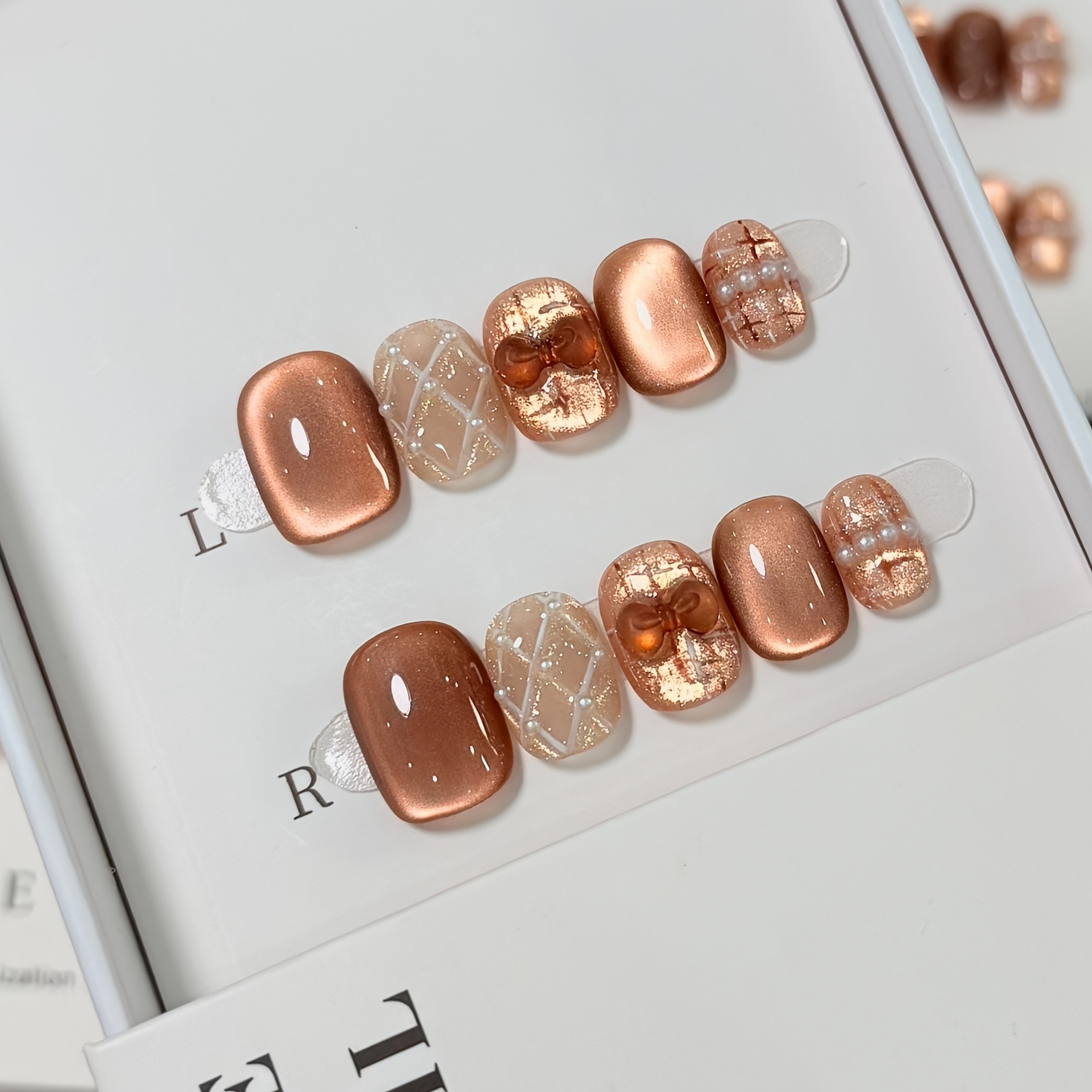TEMU 10 Hand-painted -shaped Bow 's Eye Press On Nails For Daily Autumn And Winter, Gentle And Elegant Short Square False Nails, Suitable As A Gift