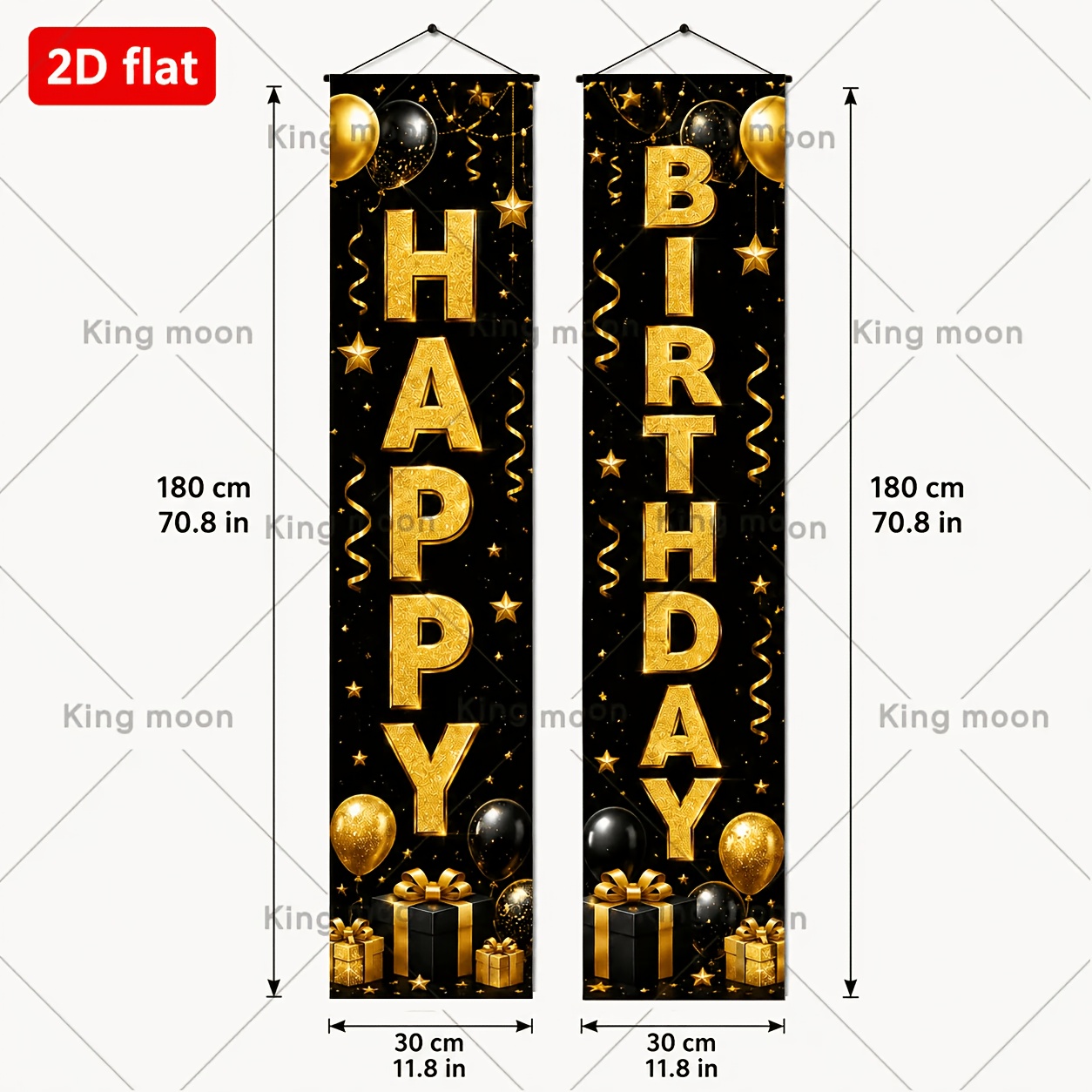 TEMU 2d Flat, 2d Door Banner, 2d Flat Banner Set Of 2, Black And Golden "happy Birthday" Couplet Hanging Flag Banner, Birthday Party Door Curtain