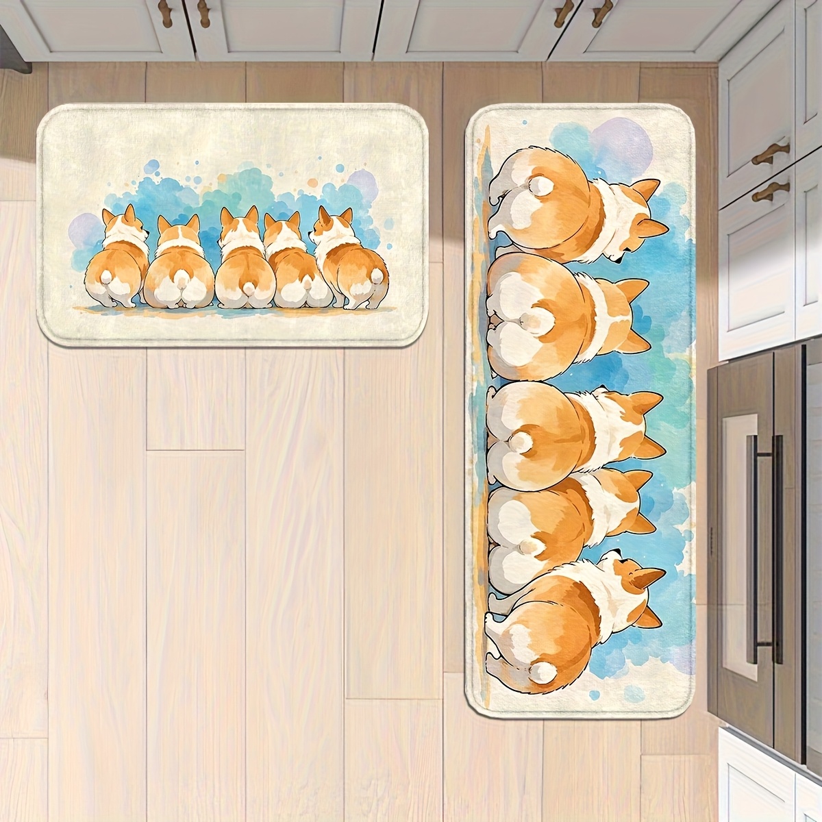 TEMU 1pc Cute Corgi Puppy Pattern Kitchen Mat, Non-slip Washable Floor Mat For Festive Decor – Perfect For Kitchens, Living Rooms, , Bathrooms &