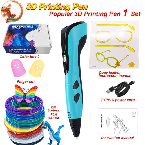 3d printing pen set finger sleeves 6 color pla filament 1 75mm with three speed settings and lcd display