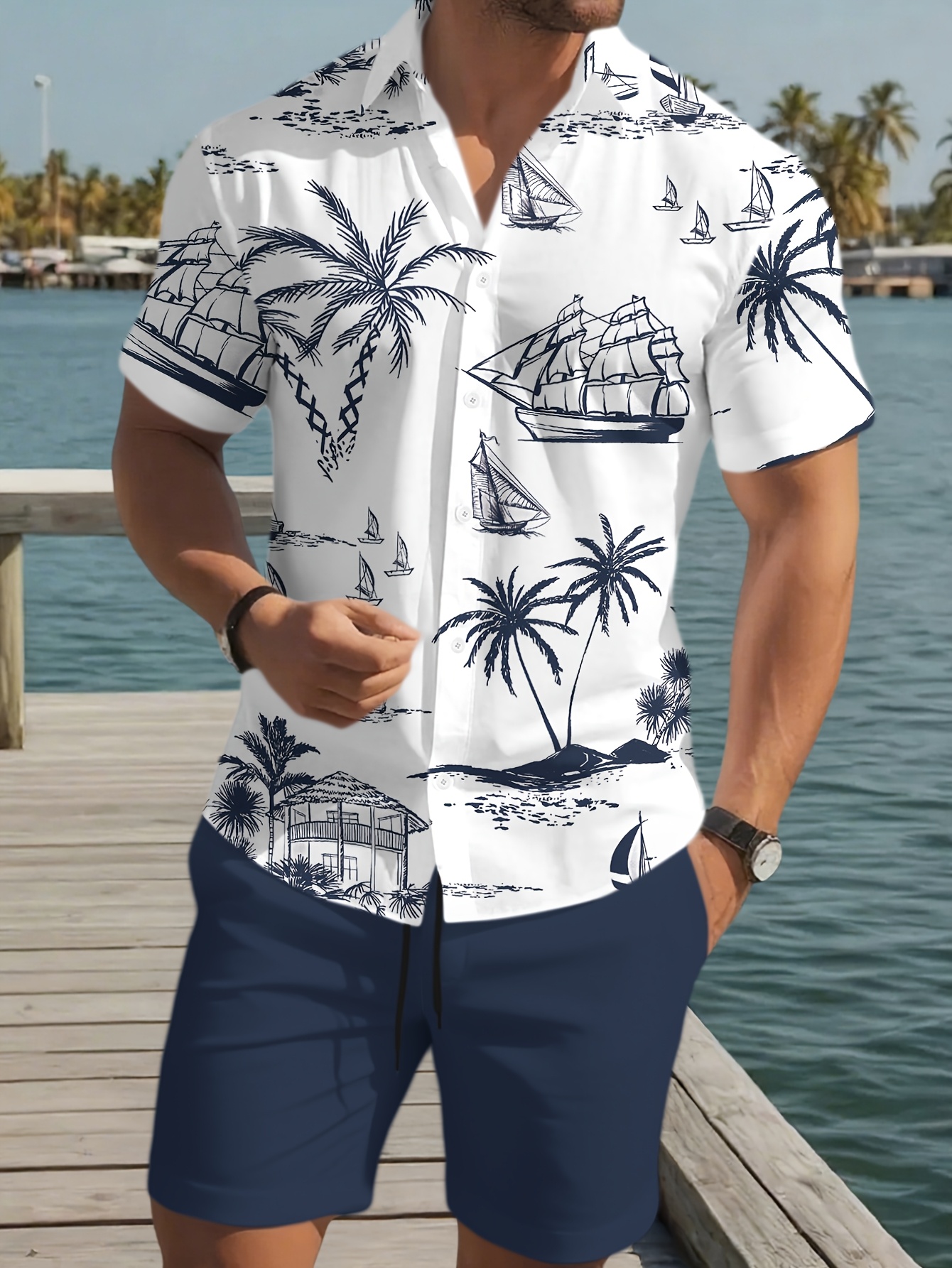 صورة العنصر طقم رجالي أنيق من قميص وشورت هاواي، ملابس شاطئية عصرية
