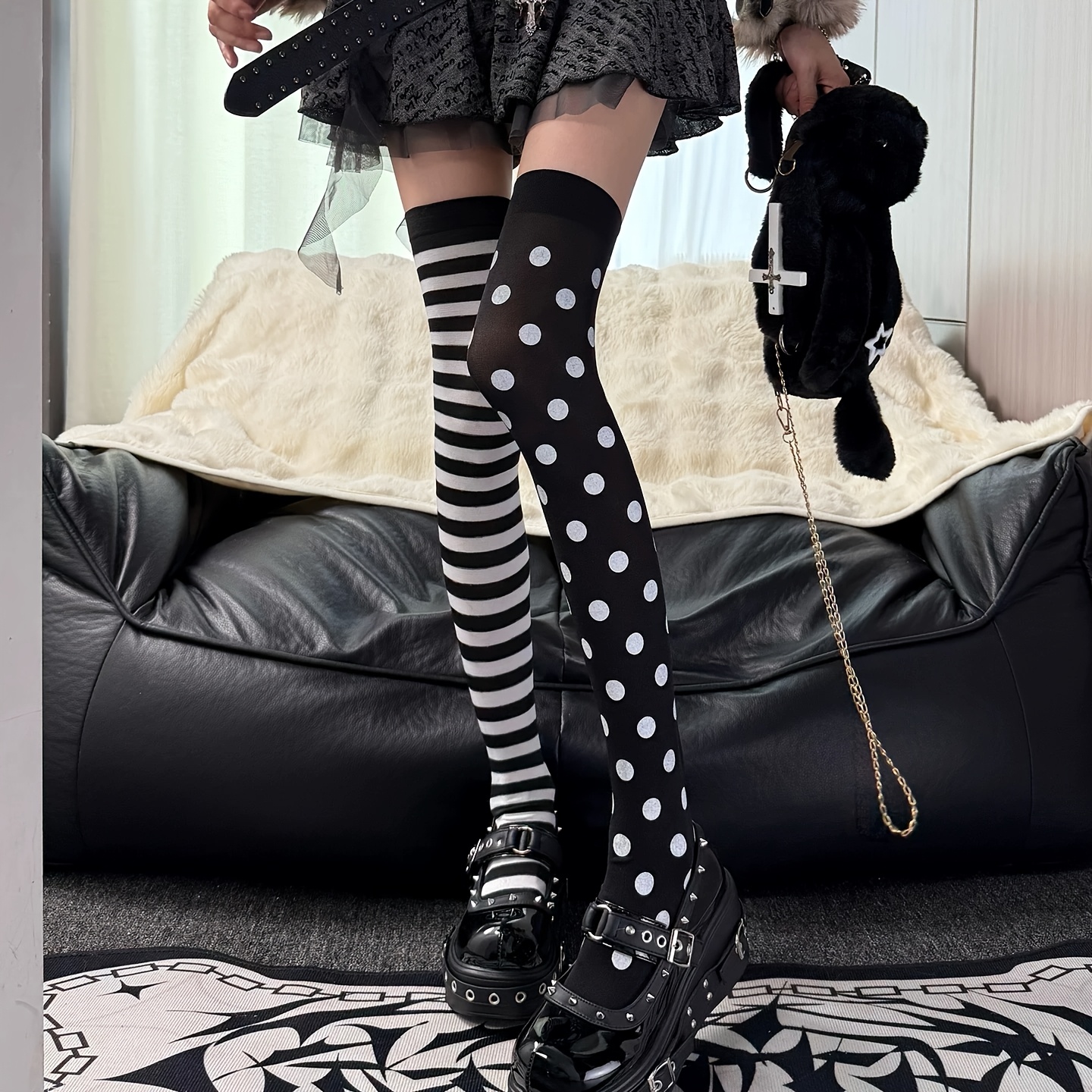 TEMU 1 Pair Women's Spring/autumn Asymmetrical Black And White Contrast Color Striped Polka Dot Knee-high And Thigh-high Fashion Tights, Y2k Style
