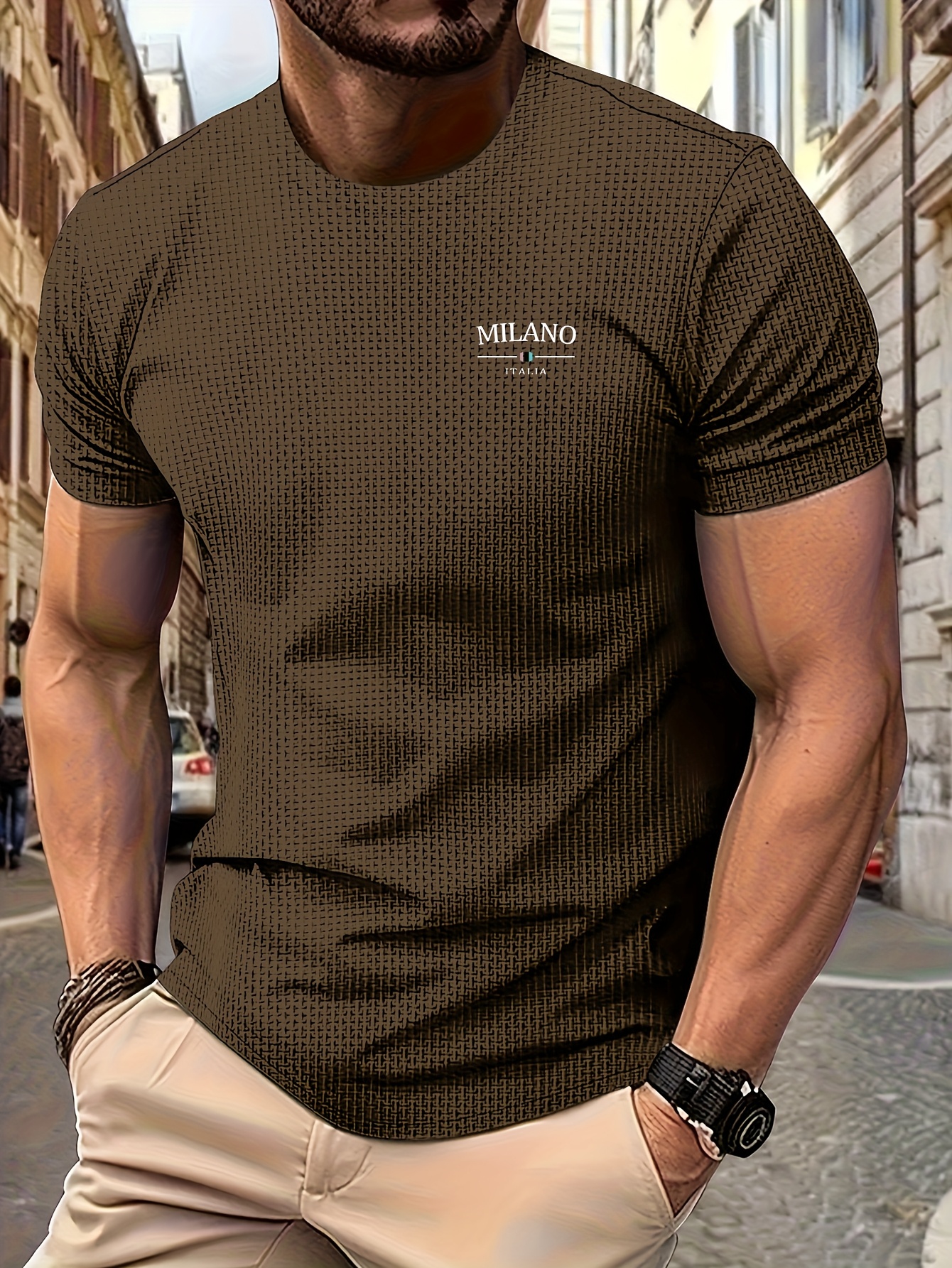 Men's Milan Print Short Sleeve Crew Neck T-Shirt, Breathable Nylon Blend, Comfortable Casual Top for Summer Outdoor Activities & Tennis Training