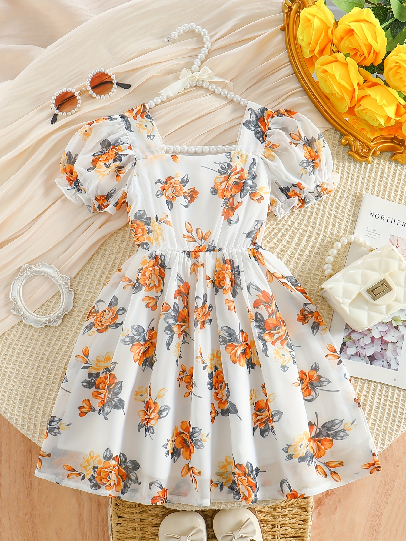 girls summer floral print chiffon dress puffed sleeves - Temu Nigeria