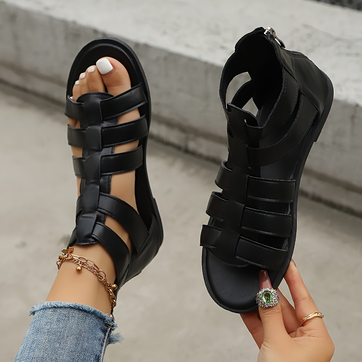 toe womens sandals that zip up the back