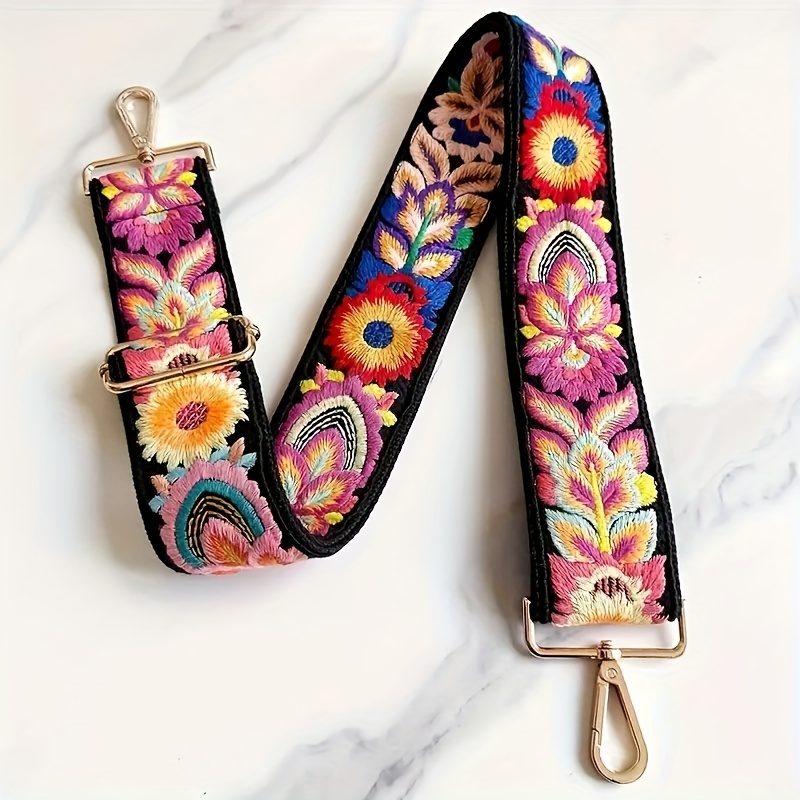 TEMU Bohemian Vibrant Floral Embroidery Adjustable Shoulder Strap, Suitable For Wallets, Handbags, And Guitar Straps - 5.08cm Wide Black Polyester With, Diy Accessory For Women's Bags