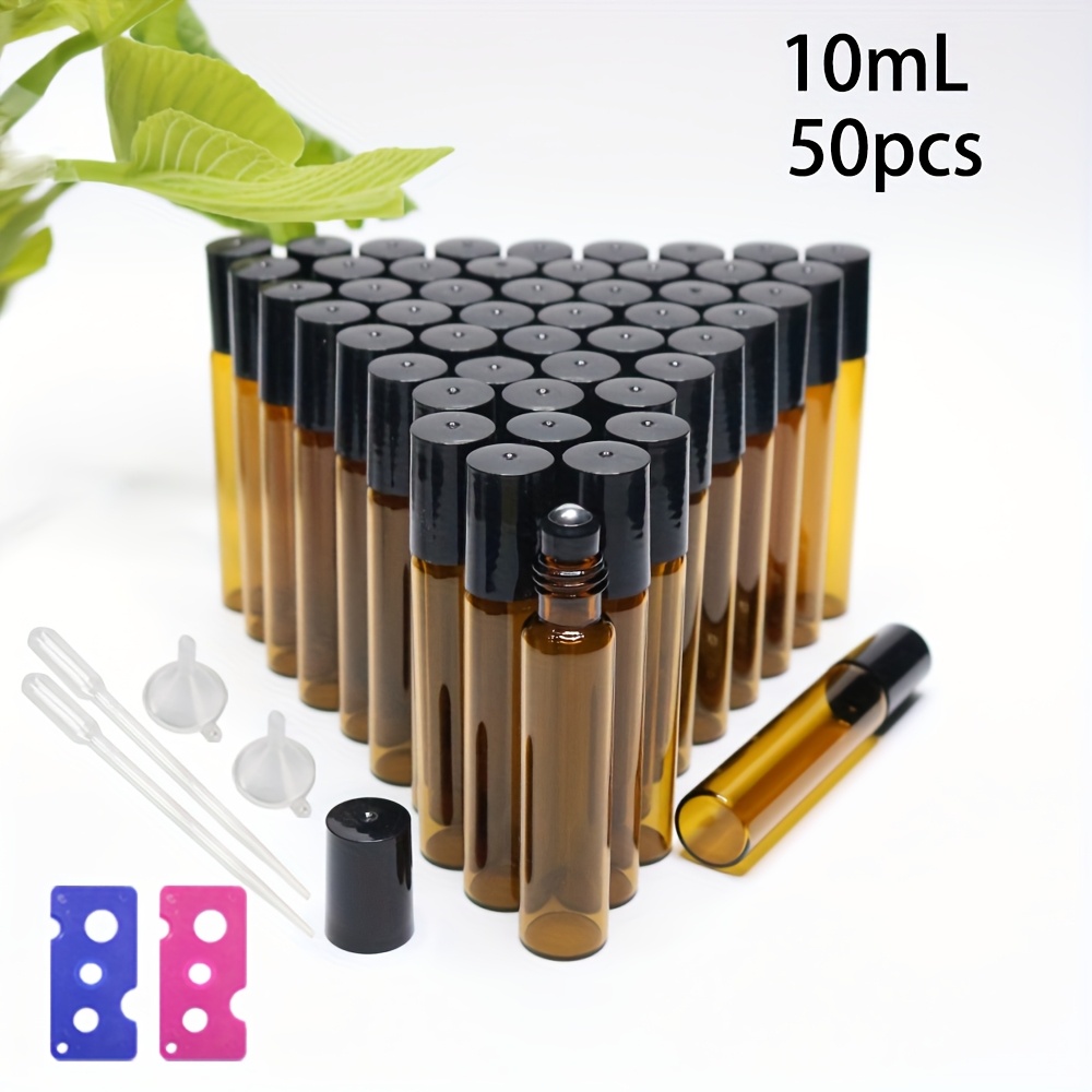 E-shop 50 Stück Amber Ätherisches Öl Dosierflaschen Roller Ball Dosierer Behälter mit - und Fülltrichter Tropfer Flaschenöffner