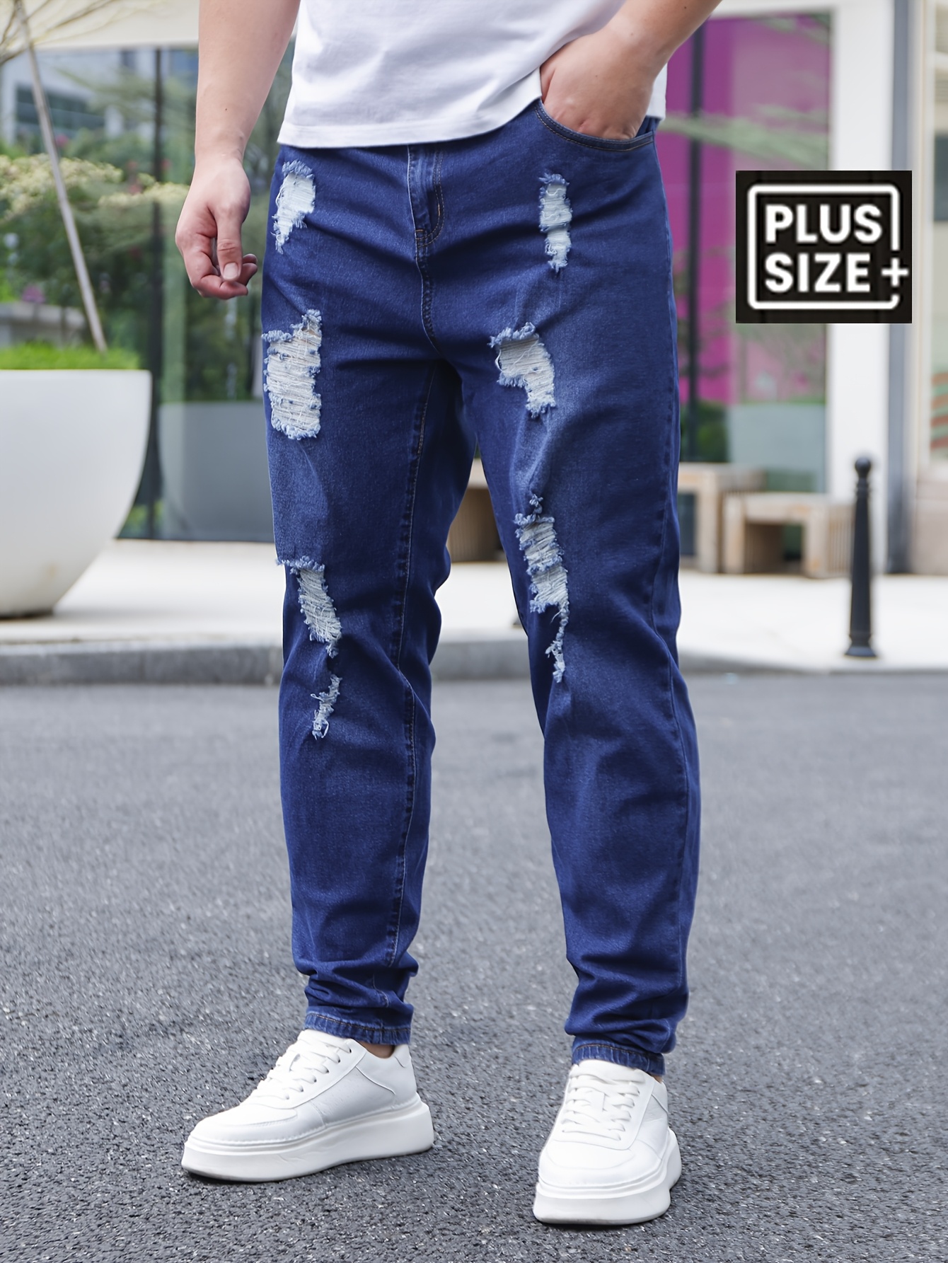 Men's Plus Size Skinny Jeans - Dark Blue with Distressed Details, Stretch Denim, Machine Washable, Cotton Blend Fabric, Comfort Fit for All Seasons, Plus Size Jeans, PLUS SIZE