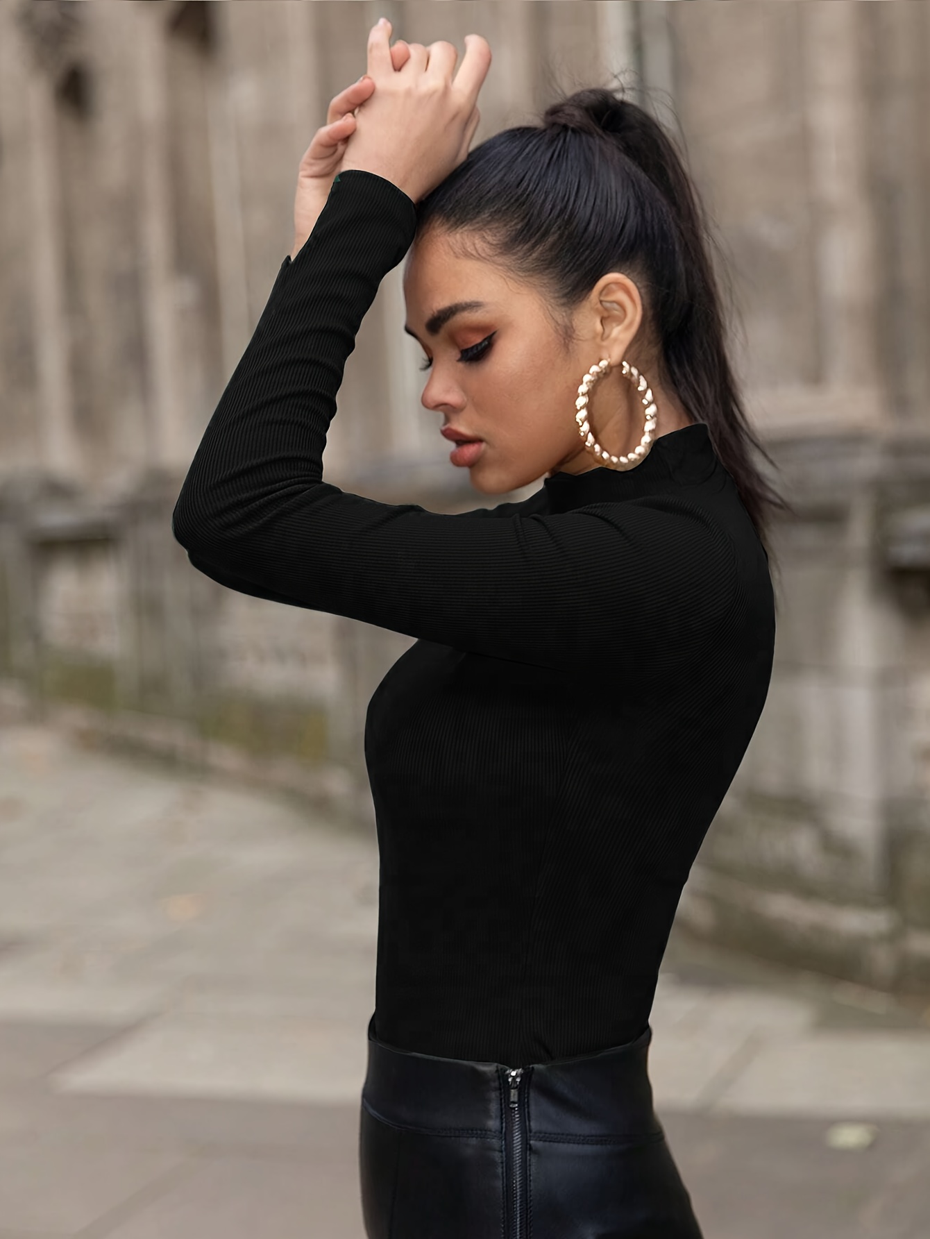 Slim Mock Neck Plain Color T-shirt, Casual Long Sleeve Top For Spring & Fall, Women's Clothing