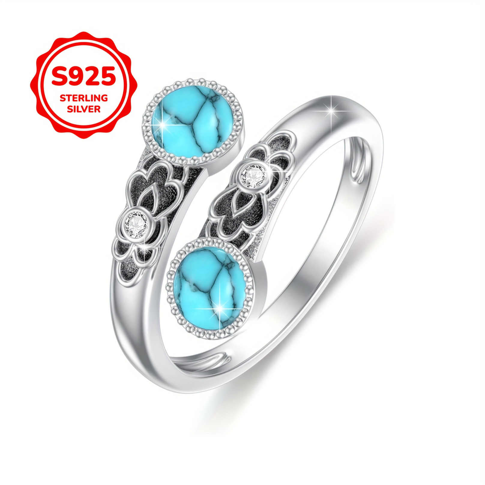 Vintage S925 Silver Pattern Ring with Synthetic Agates - Adjustable Open Ring