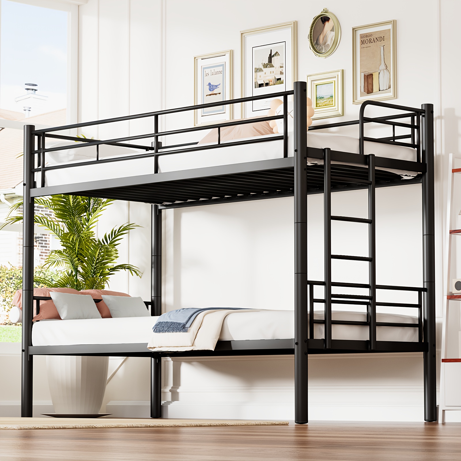 Modern Minimalist Black Double Bunk Bed With Safety And Ladder, 90x200cm, Twin Over Twin Design, Separable Design, Bedroom Furniture.