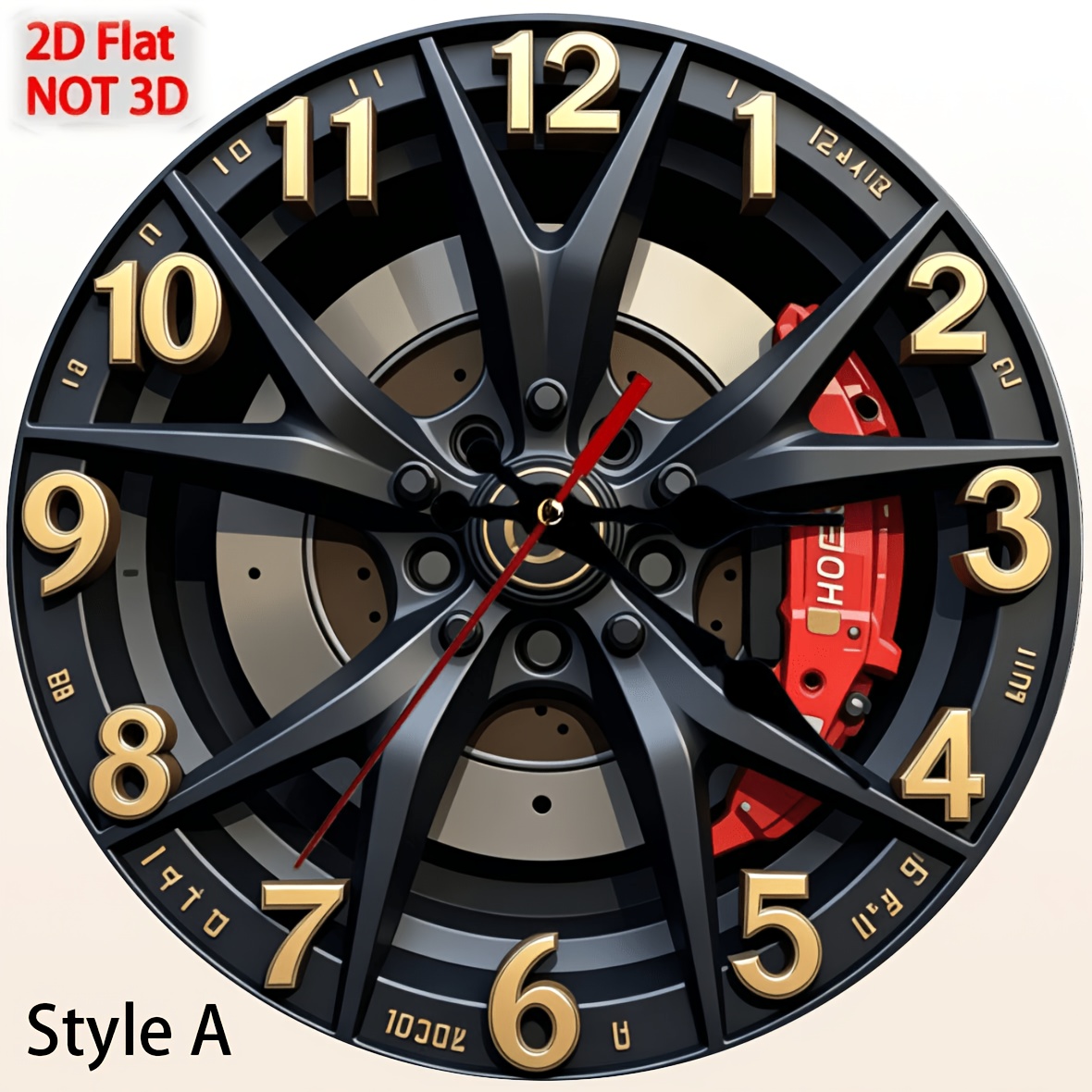 TEMU 2d Flat Silent Round Wall Clock With Car Wheel Design, Black And , Battery Operated, Lightweight And Durable For Living Room Or Kitchen Decor