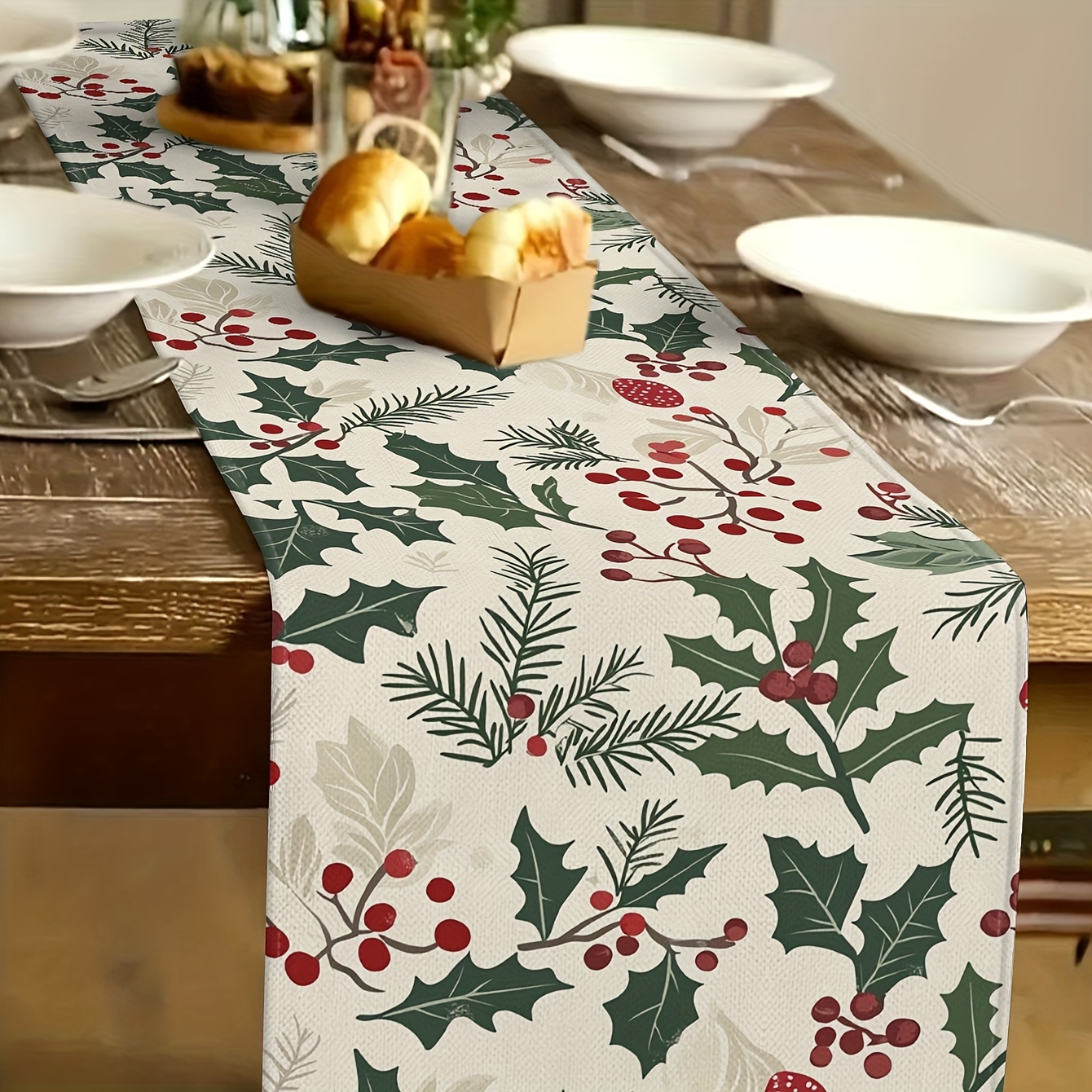 

1pc Christmas Table Runner - Rectangular Tablecloth With Green Leaves And Red Berries Design, Woven Polyester, Holiday Dining Decor For