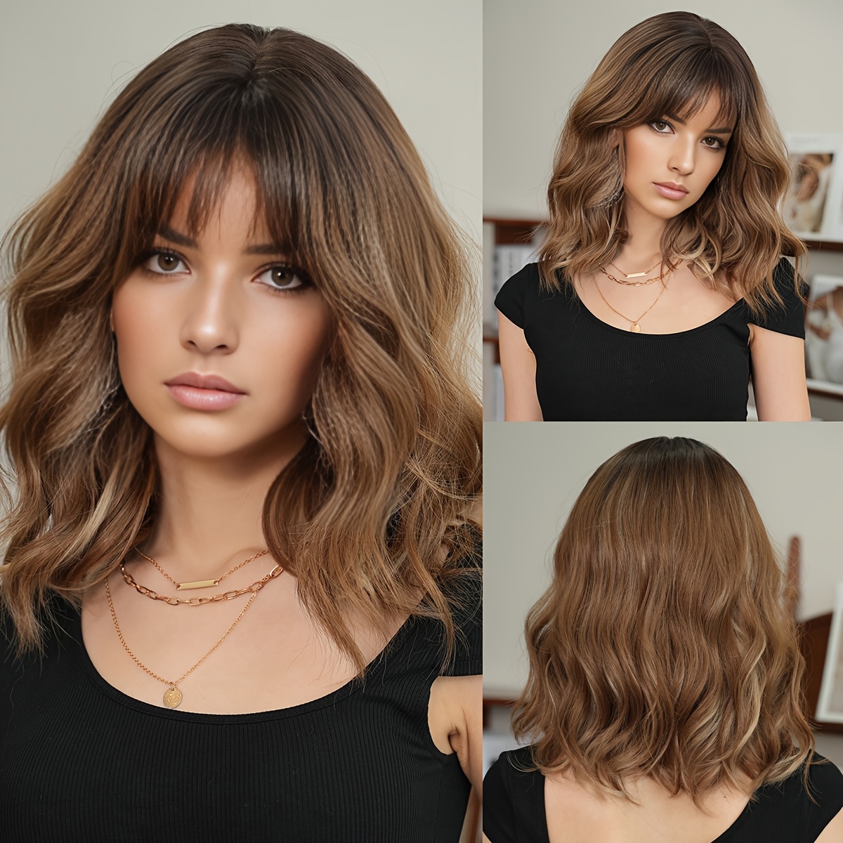 Highlighted Earthy Brown Medium Length Wig With Bangs - Mixed Beige Curly Wave Style, Dark , Fluffy Natural Look, Heat Resistant Synthetic Fiber, Ideal For Daily Wear & Parties, 16 Inch