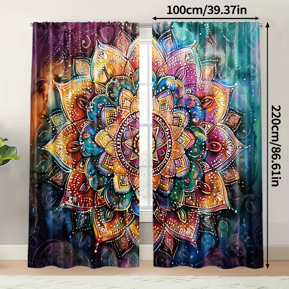 TEMU 2pcs, Print Curtains Bohemian Versatile Polyester Fabric (without Rod,no Movement, No Battery) Thermal Insulation, And Room Darkening Functions