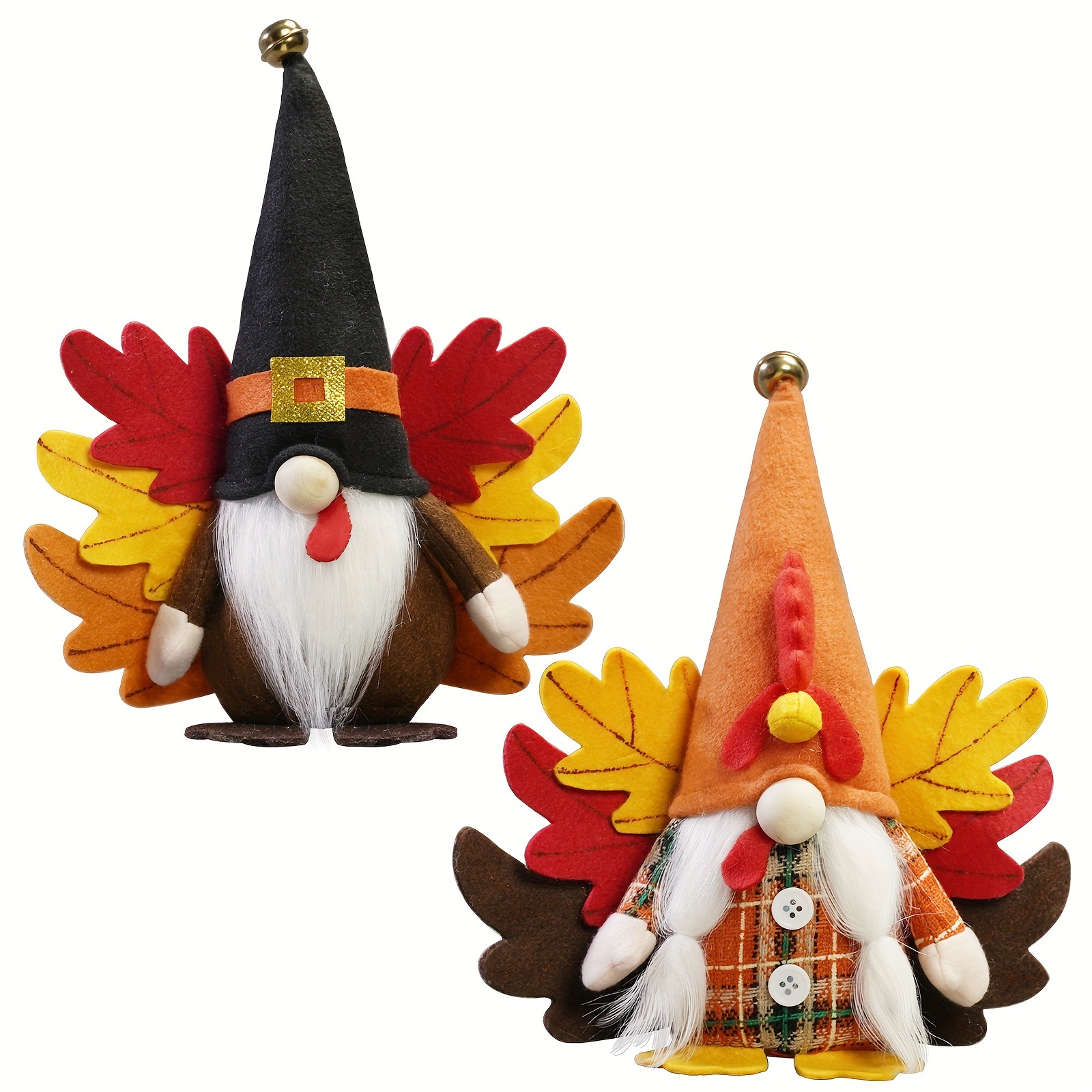 

2-piece Bohemian Felt Turkey Gnomes - Perfect For Thanksgiving & Fall Decor, Handmade Swedish Tomte Figurines With Maple Leaves Wings