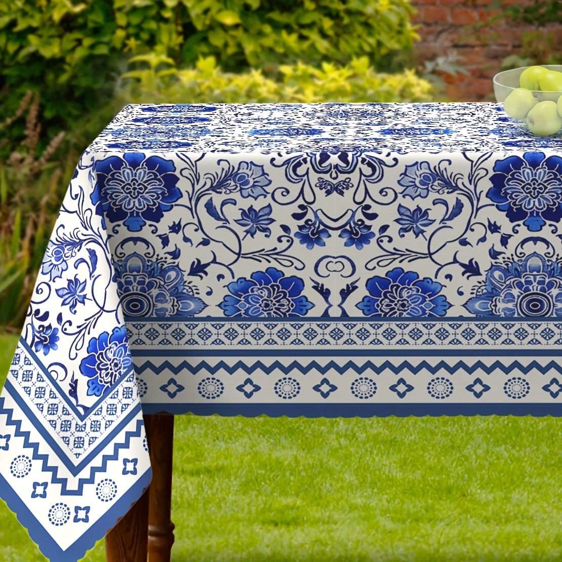 

Vintage Blue & Pearl White Floral Tablecloth - Waterproof, Wrinkle-free Polyester Rectangle Cover For Indoor/outdoor Dining, Perfect For Everyday Meals & Home Decor