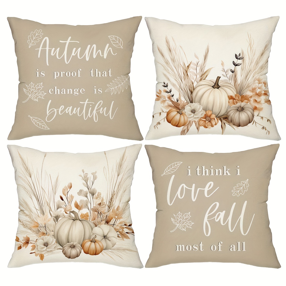 

Set Of 4 Country-rustic Throw Pillow Covers 18x18 - Autumn Pumpkin Harvest Hand Washable Cushion Cases With Zipper Closure For Home Sofa Patio - Woven Polyester Flower Pattern Farmhouse Decor