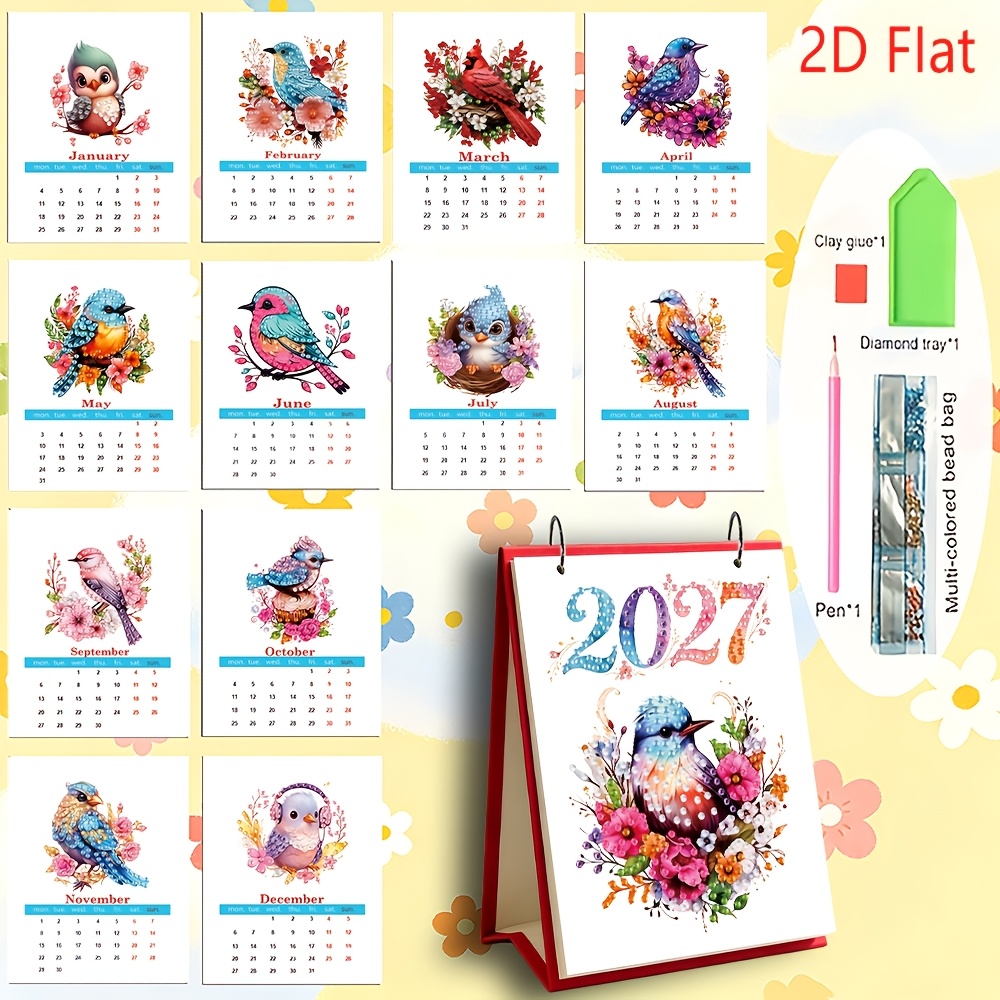 TEMU 1 pièce Calendrier de bureau 2027, motif de série 2D Oiseaux et Fleurs, calendrier à de la série des fêtes pour peinture diamant DIY, calendrier