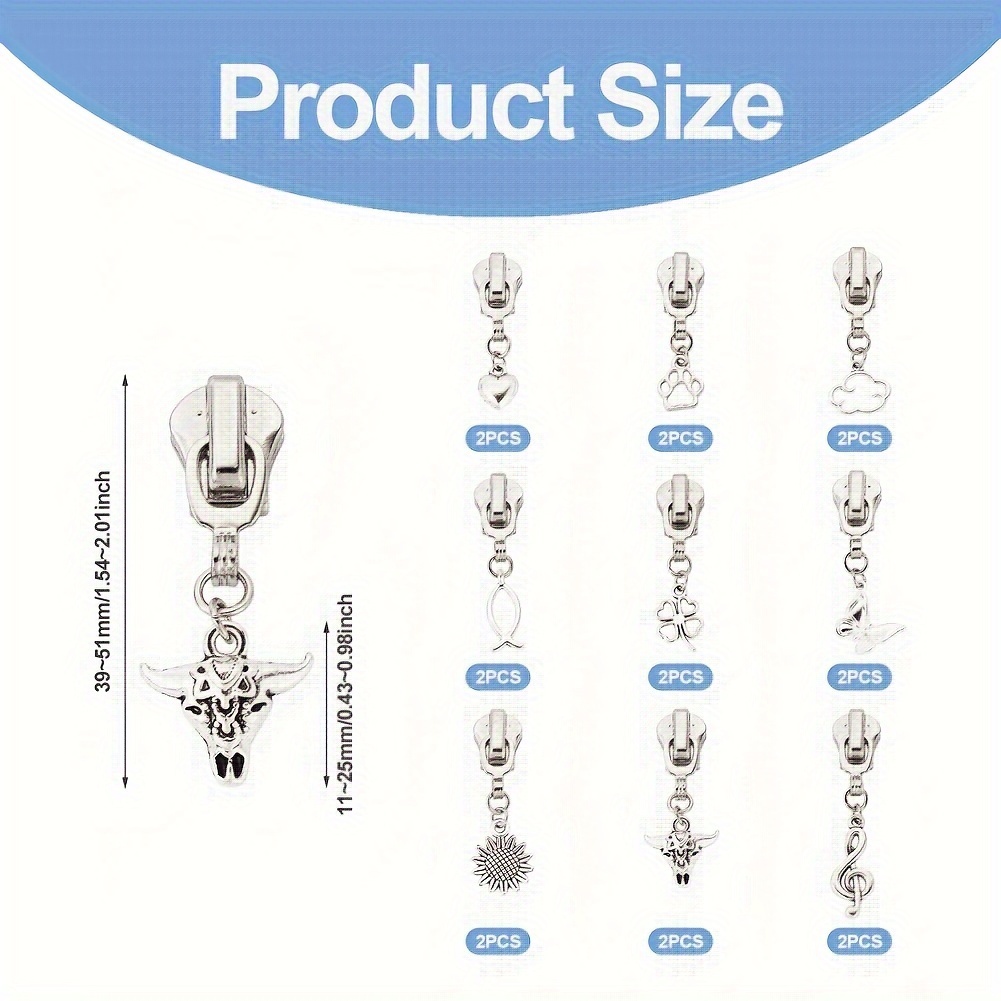 1 Set Of 18pcs Alloy Zipper Heads With Mixed Shaped Charms, Zipper Pull Replacement, 3.9~5.1cm, Diy Wallet Making