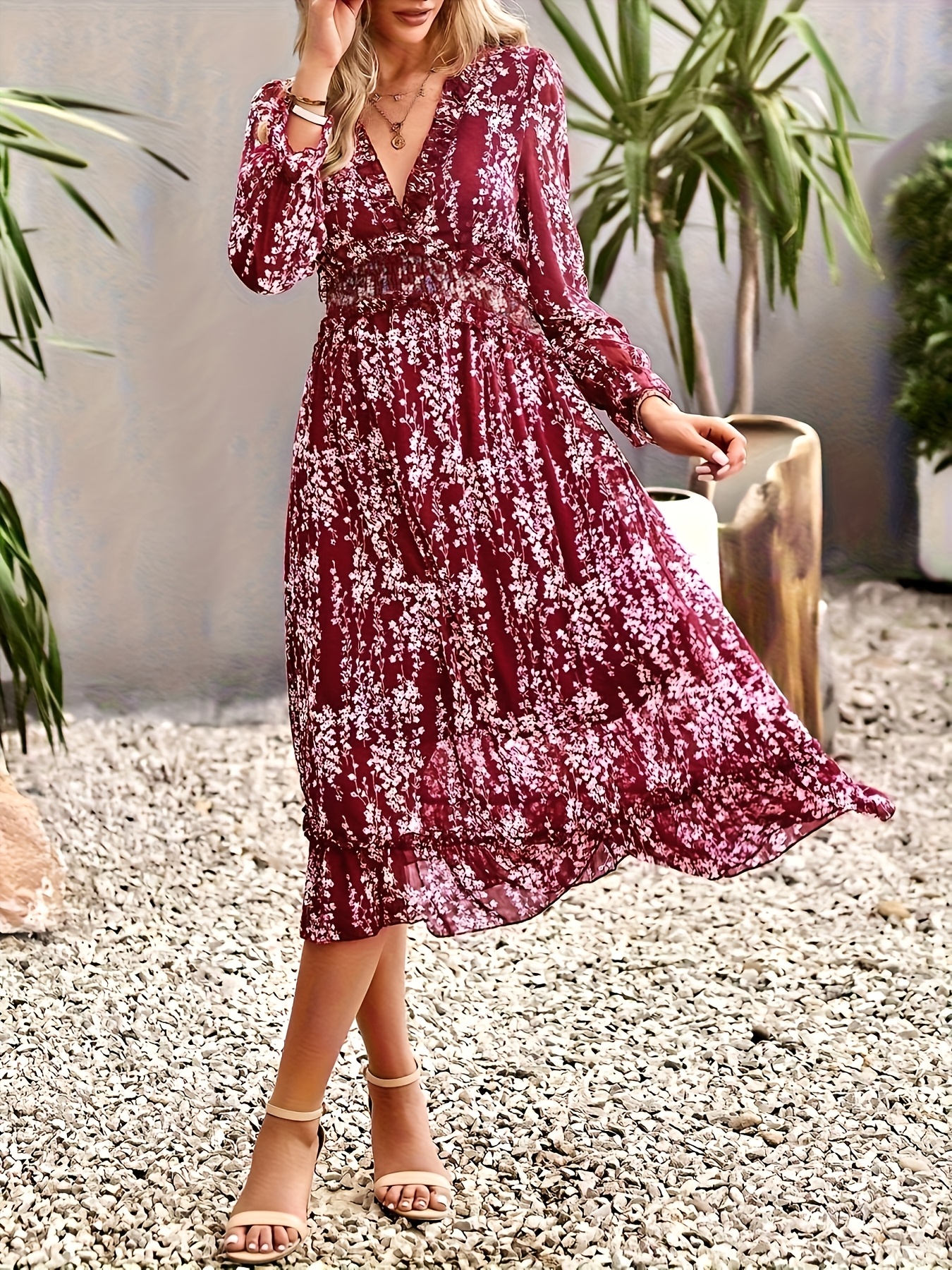 womens chiffon floral dress v neck length bohemian - Temu Mauritius