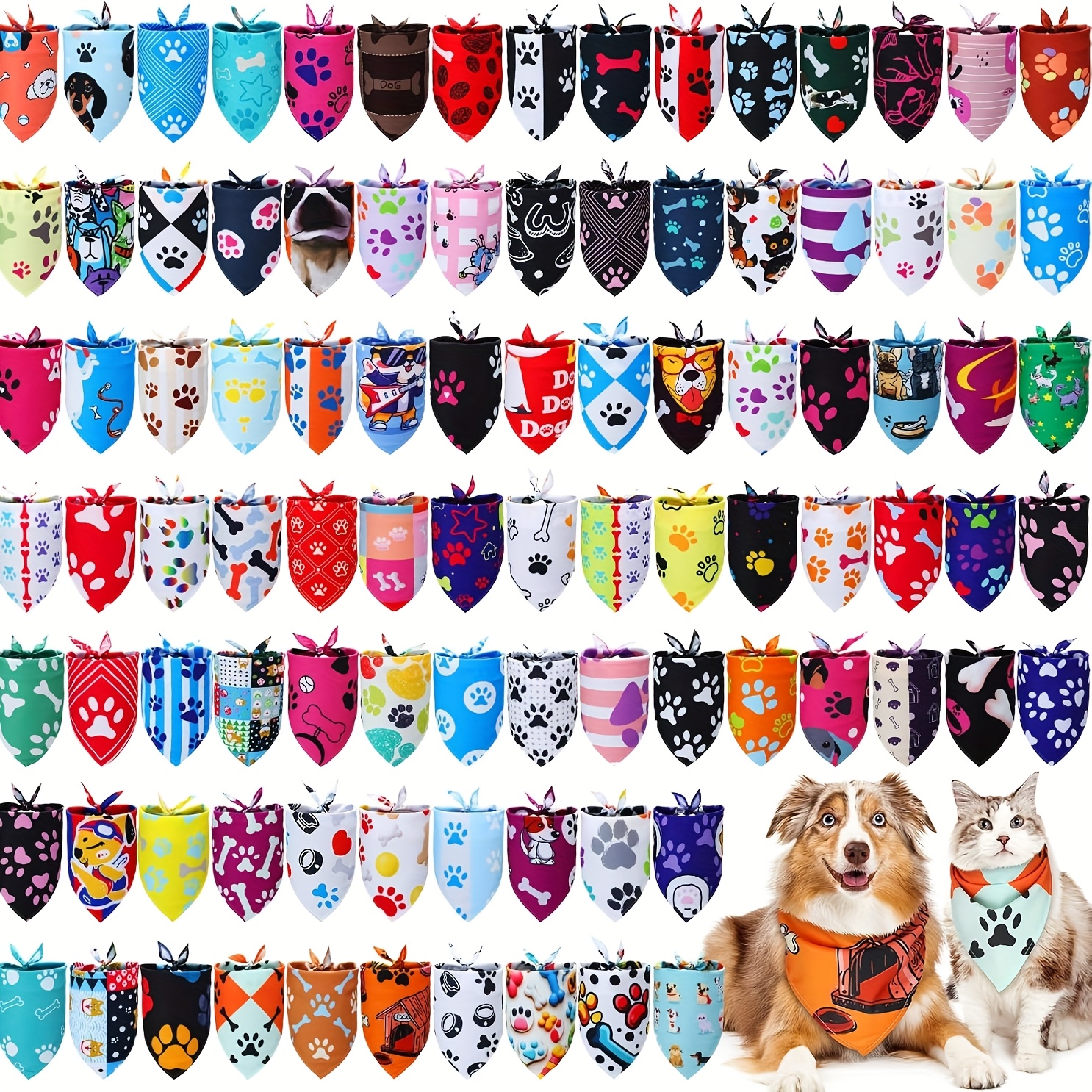 TEMU 100pcs Colorful Paw Print Bandanas - Soft Polyester, Adjustable Tether Closure, Ideal For , All , Dog Bandanas | Vibrant Pet Scarves | Durable Pet Accessorie