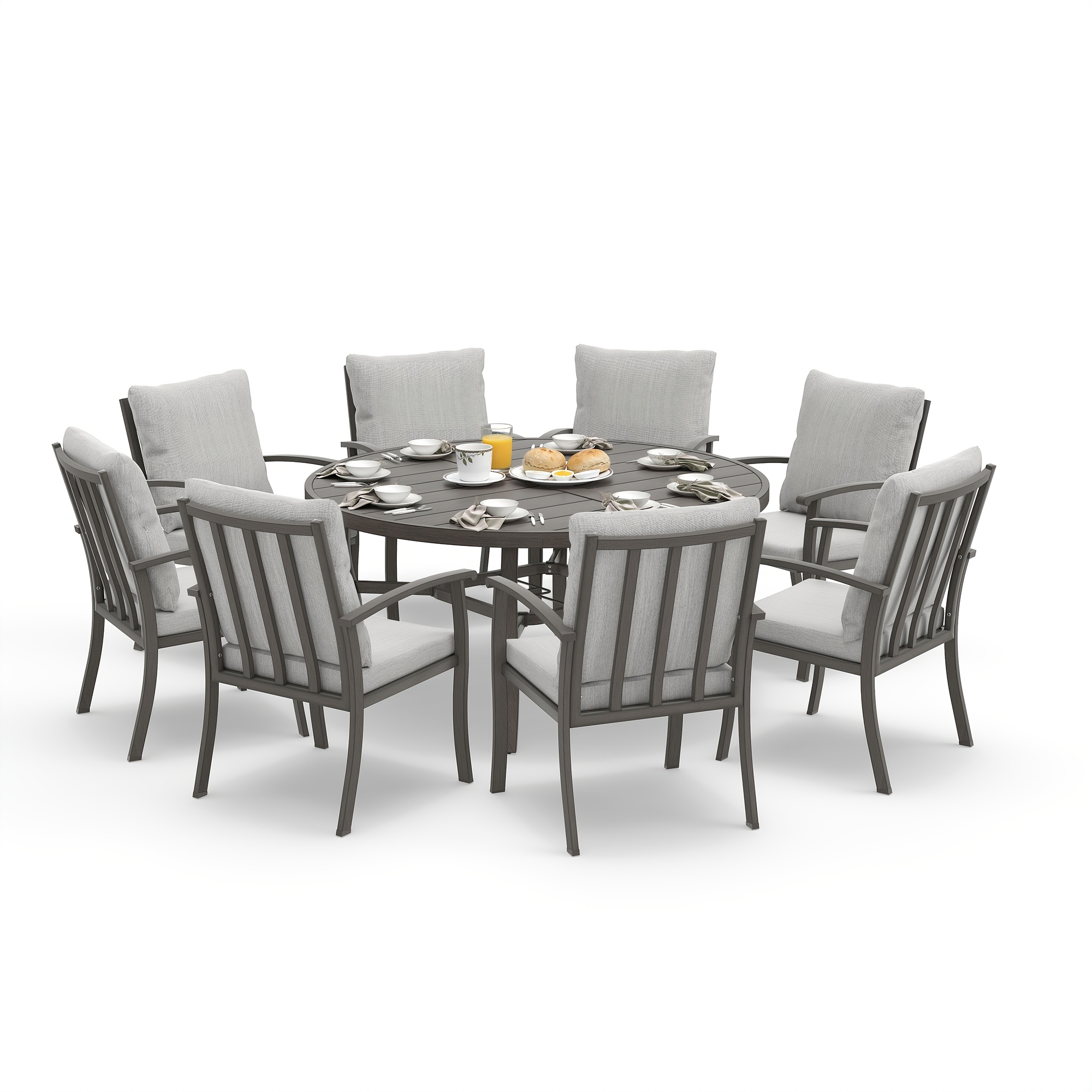 9pcs Aluminum Outdoor Dining Table And Chair Set, Suitable for 8 People, The Set Includes 1 Round Table, 8 Chairs, with Cushions And Back Cushions, Suitable for Outdoor Garden Terrace Furniture Set