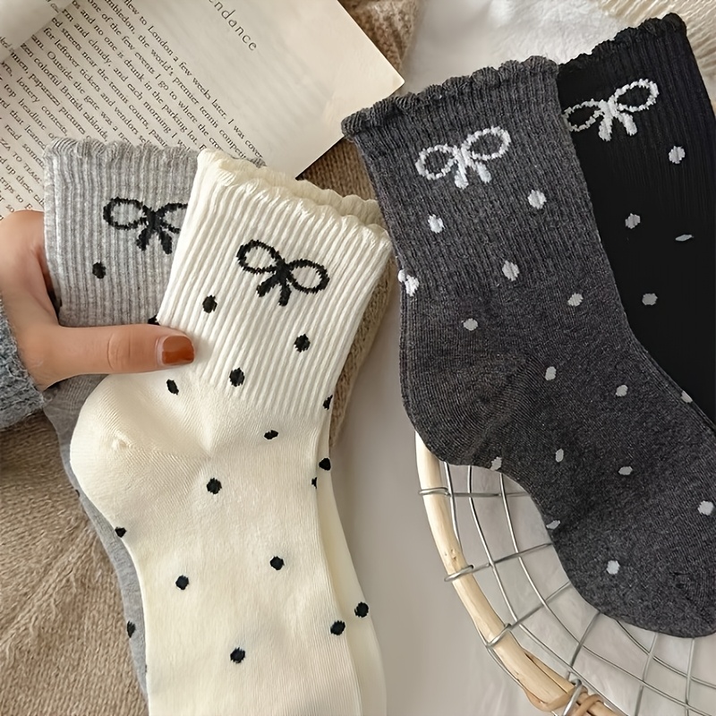 

5 Pairs Women's Knee-length Knit Socks, Polyester & Spandex , Pattern With Bowknot, Breathable Comfortable Mid-calf Socks