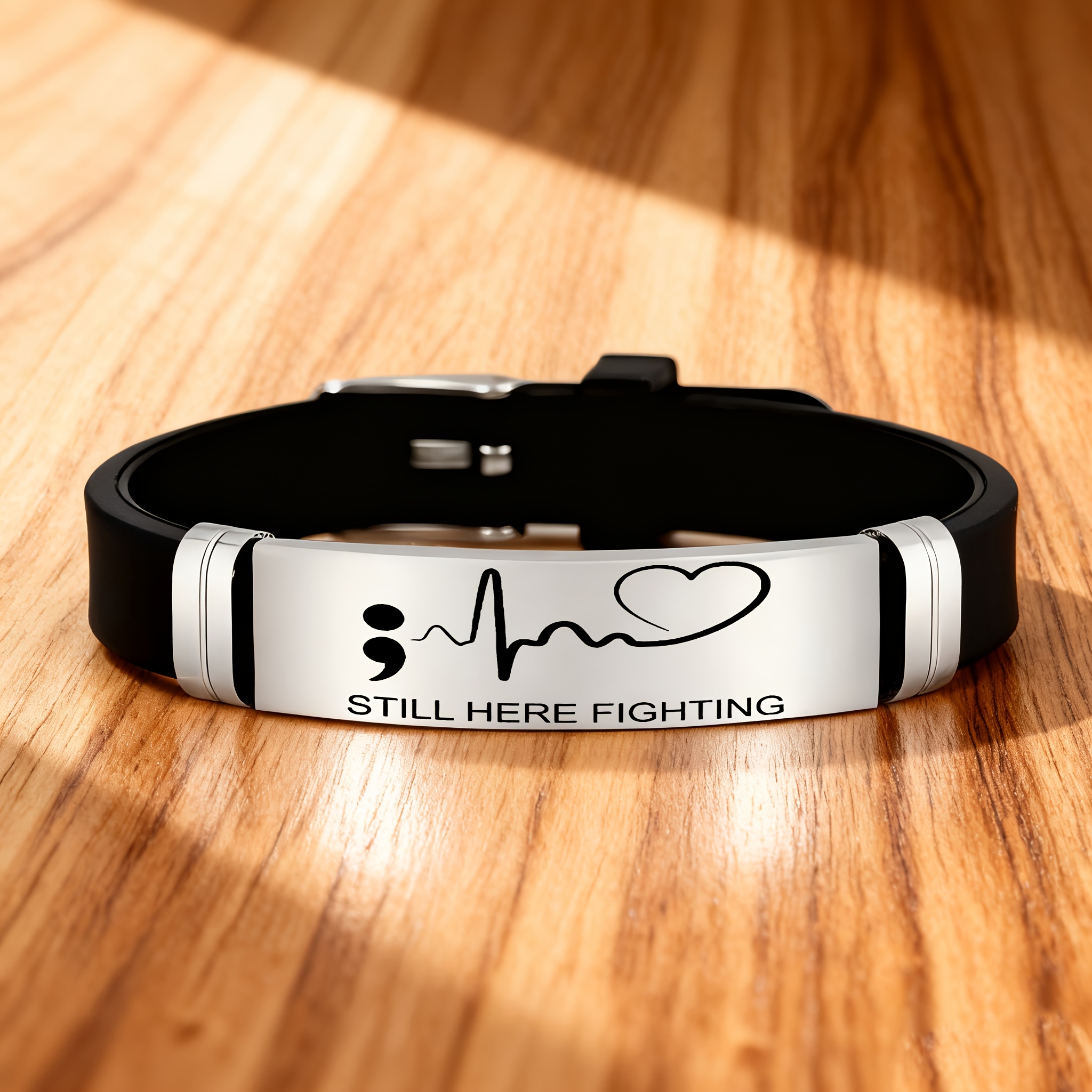 TEMU Fighting", 202 202 Stainless Steel Silicone Bracelet, Inspired Mental Awareness Design With Heartbeat And Inspirational Quotes, Perfect Gift For Colleagues, Friends,