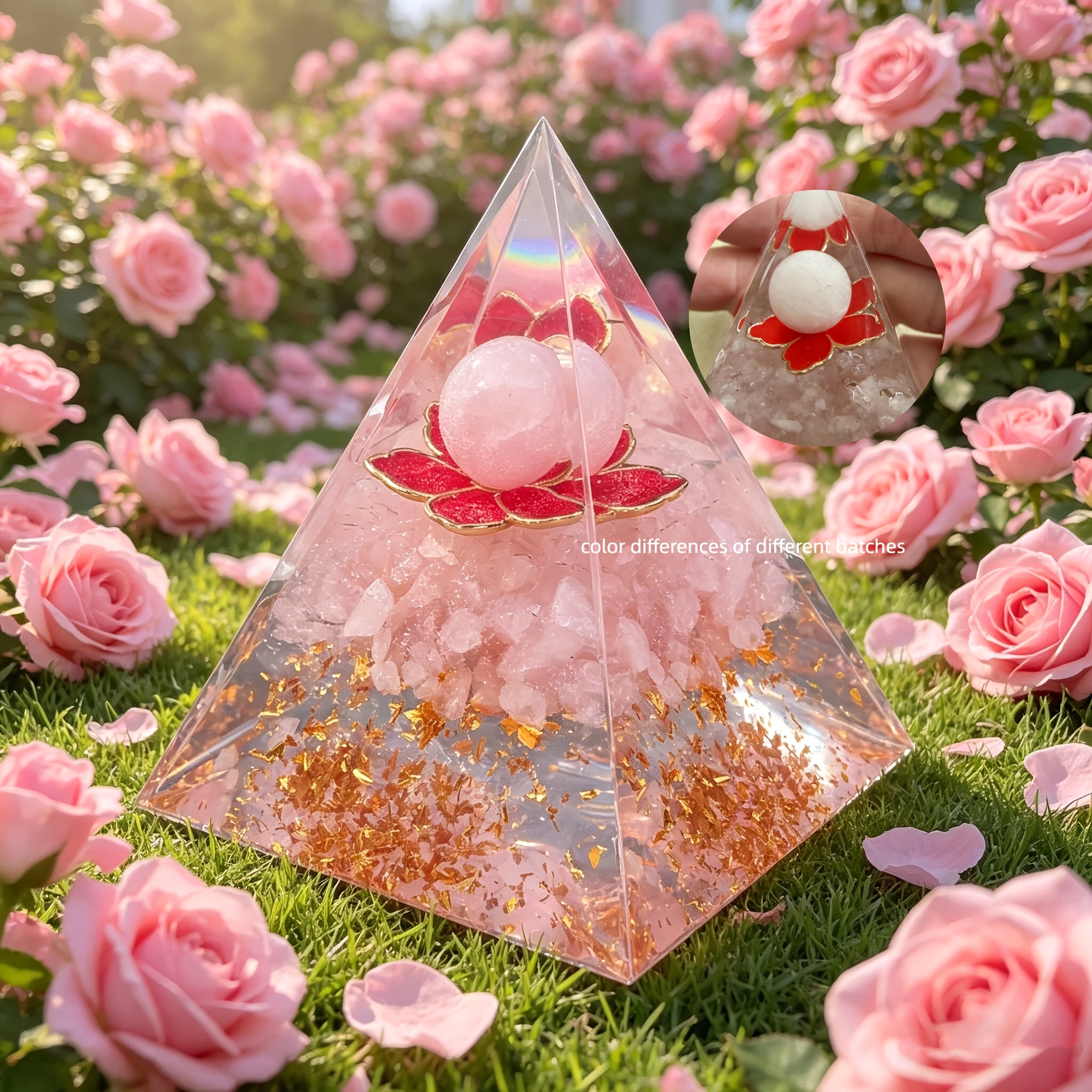 TEMU 1pc Natural Crystal Rose Quartz Pink Sphere Ball Chip Pebble Pink Flower Orgone Pyramid Home Decor Desk Decor Holiday Gift