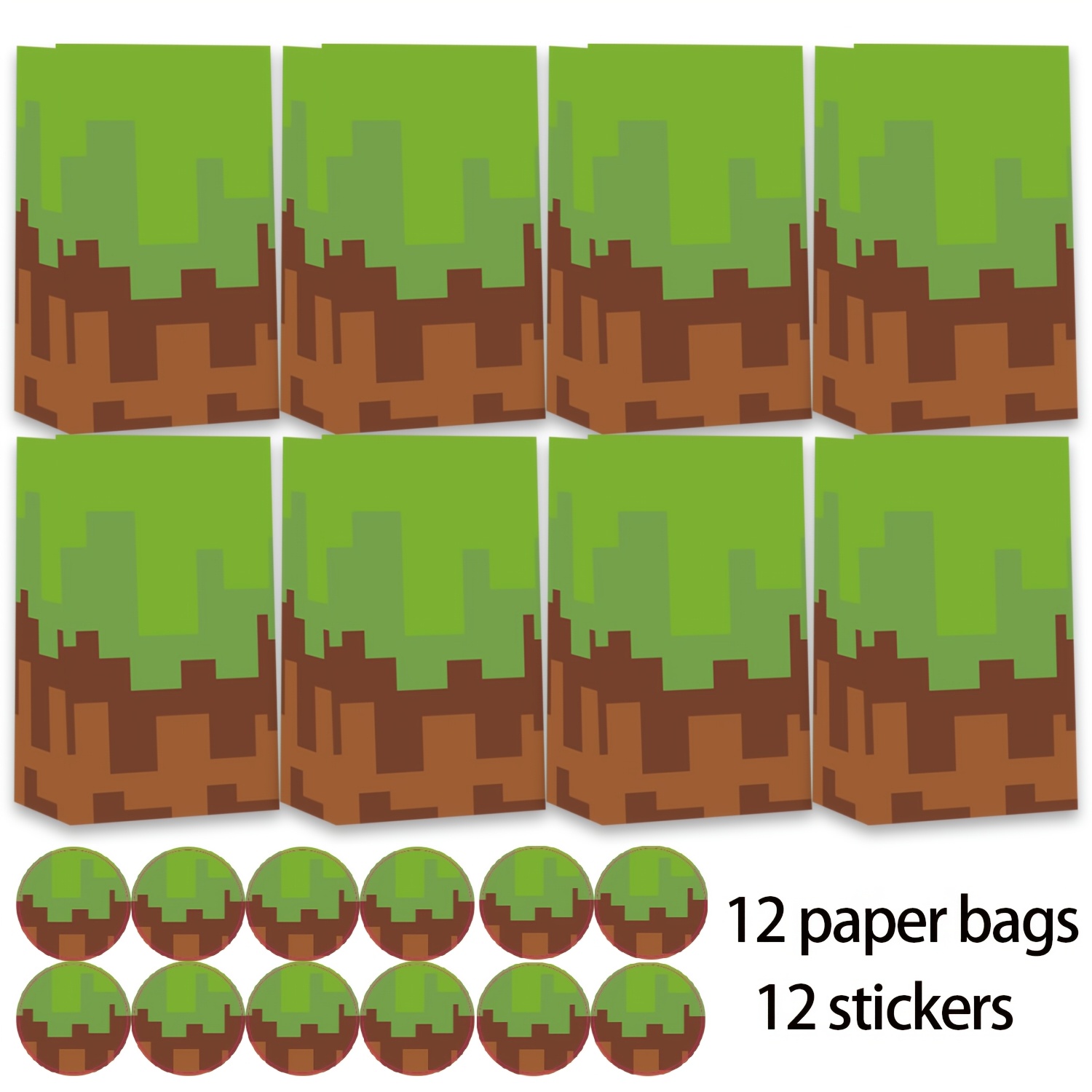 TEMU 24pcs Pixel Paper Bag Stickers, 12 Paper Bags + 12 Stickers, Gift Bag Wrapping Paper Bags, Suitable For Birthday Parties And Holiday Celebration