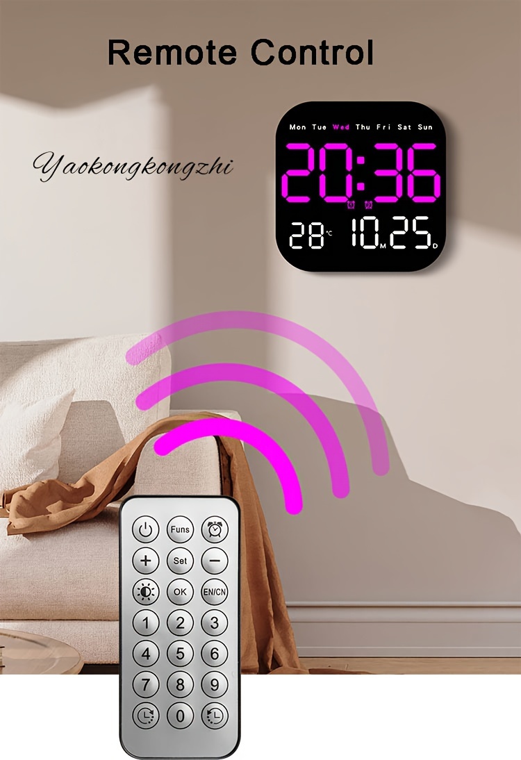 large led digital wall clock with remote control usb powered rechargeable   alarm temperature display calendar for bedroom details 7