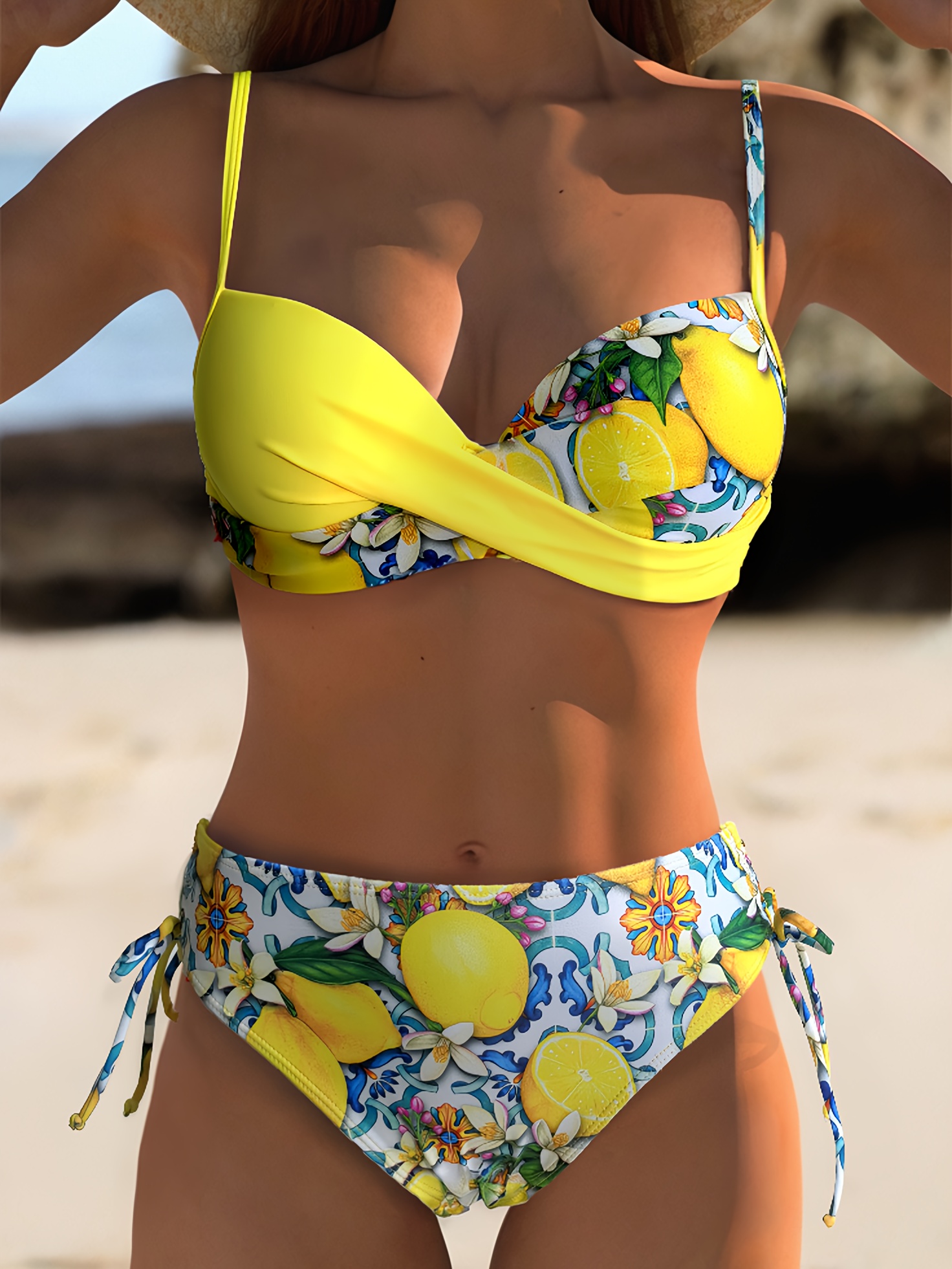 yiyunqing womens   set high stretch lemon print two piece swimsuit with tie side bottoms  