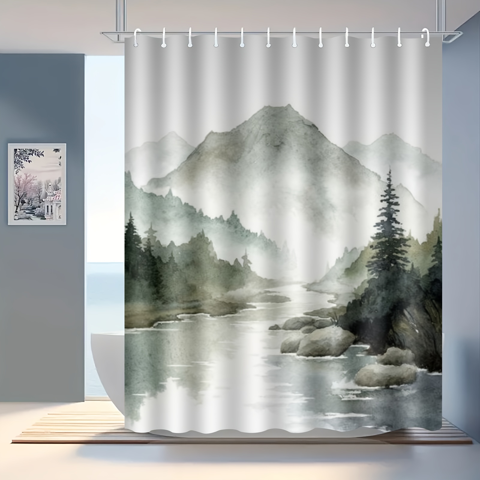 

Elegant Forest Scene Shower Curtain With Hooks - Waterproof, Light-filtering Fabric For Bathroom Decor