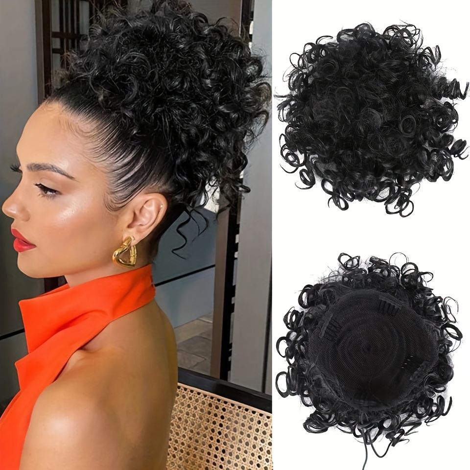 

1 Piece Sports Style Messy Bun Hairpiece - Unisex Adult Elastic Drawstring Wavy Curly Updo Chignon Hair Bun For All - Daily Wear Synthetic Ponytail - Black