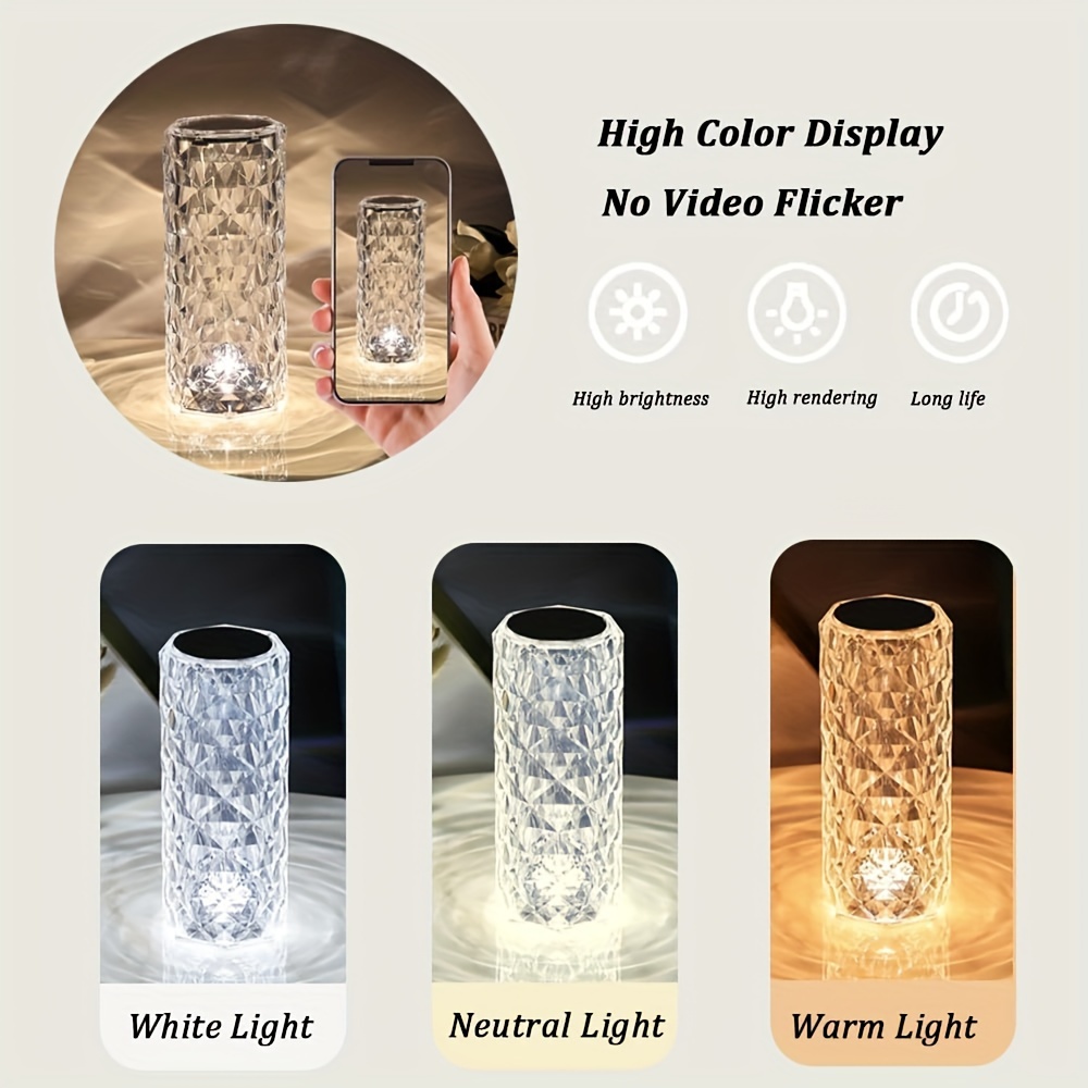 portable crystal table lamp 3 color touch control rechargeable lamp 3 levels brightness room decor desk lamp crystal rose bedside lamp wireless night light bedroom dining room lamp details 7